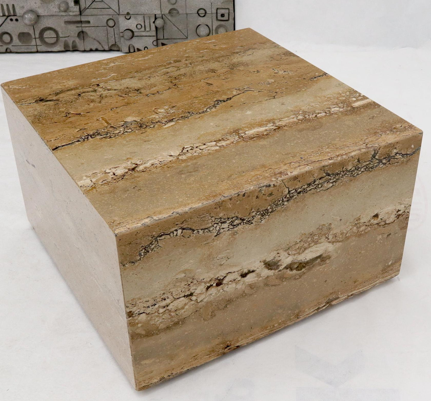 EstablishedLines Cube Square Shape Travertine Marble Coffee Table on Wheels