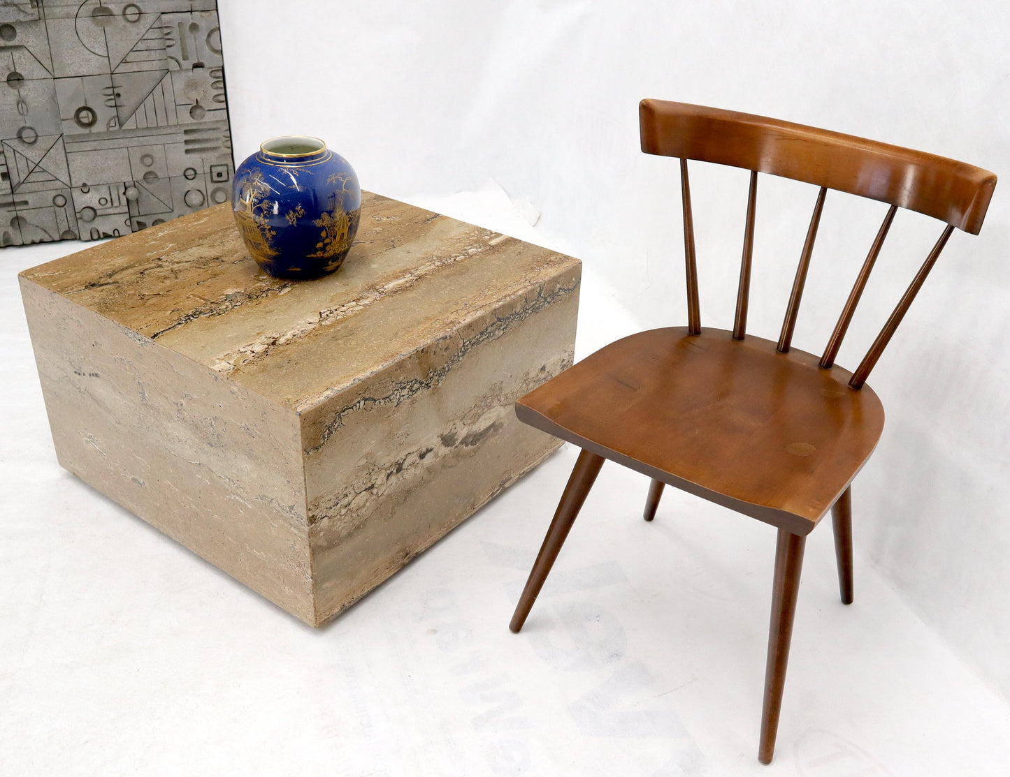 EstablishedLines Cube Square Shape Travertine Marble Coffee Table on Wheels