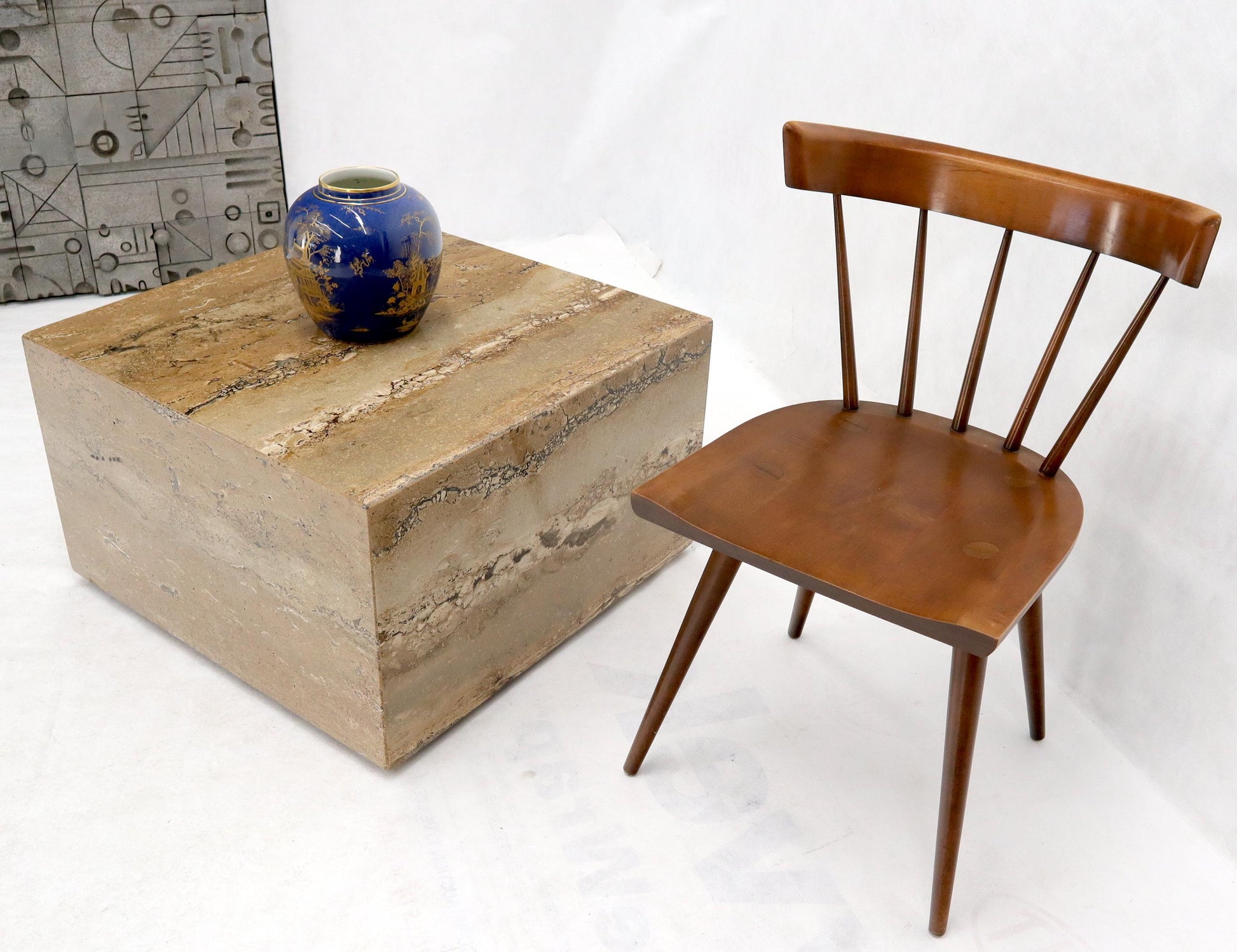 EstablishedLines Cube Square Shape Travertine Marble Coffee Table on Wheels