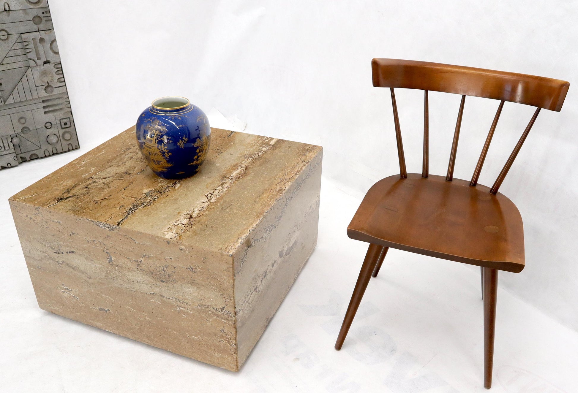 EstablishedLines Cube Square Shape Travertine Marble Coffee Table on Wheels