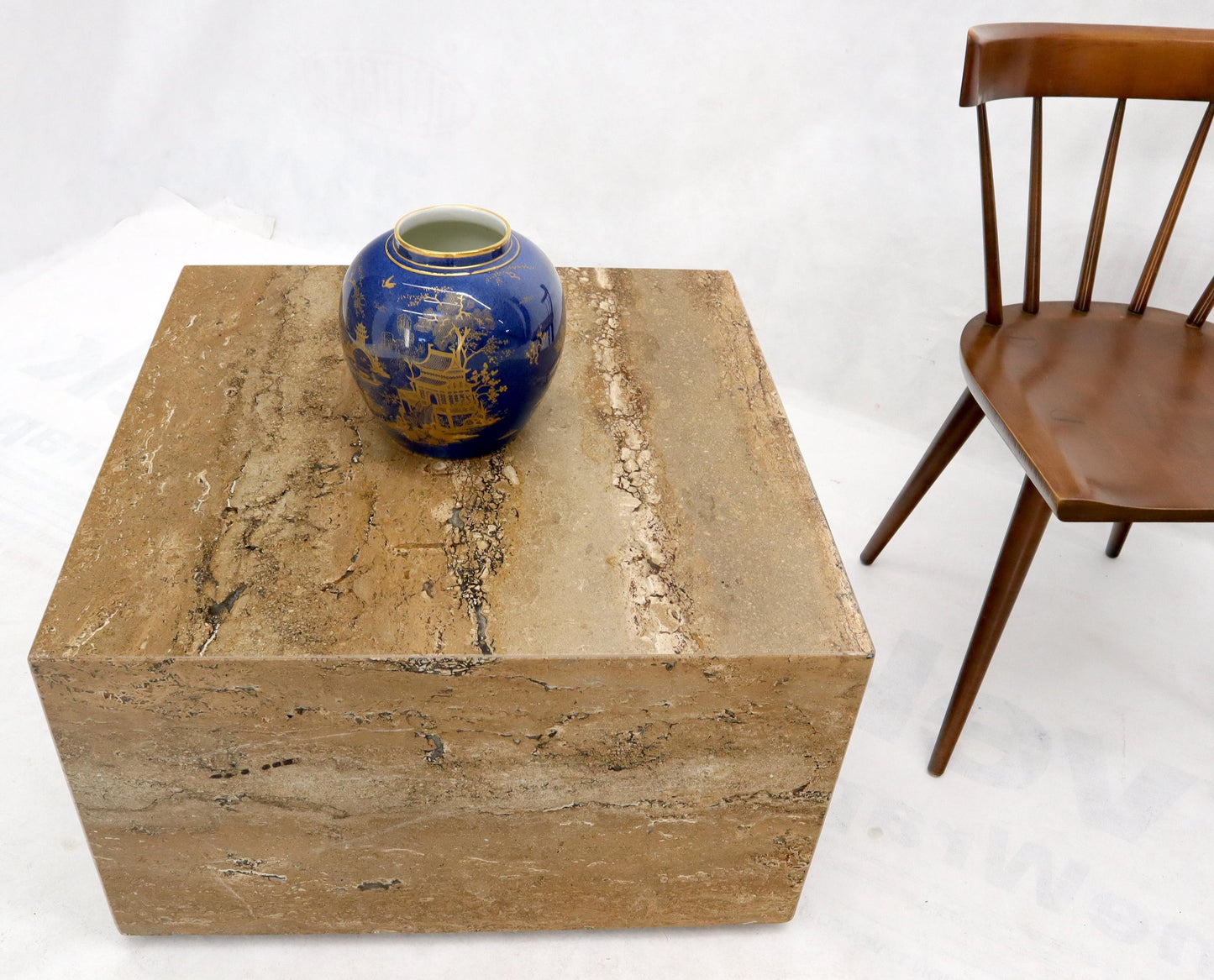 EstablishedLines Cube Square Shape Travertine Marble Coffee Table on Wheels