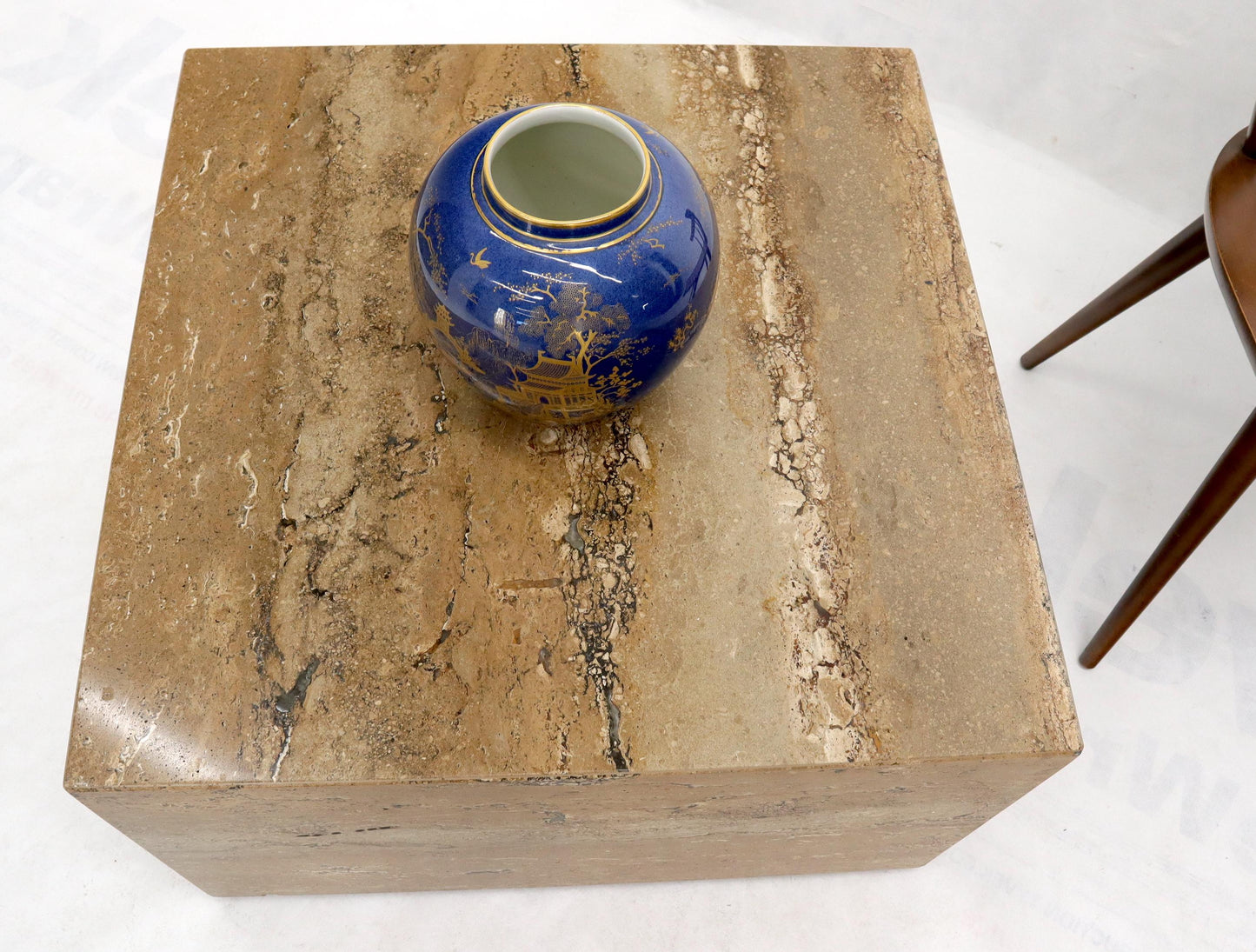 EstablishedLines Cube Square Shape Travertine Marble Coffee Table on Wheels