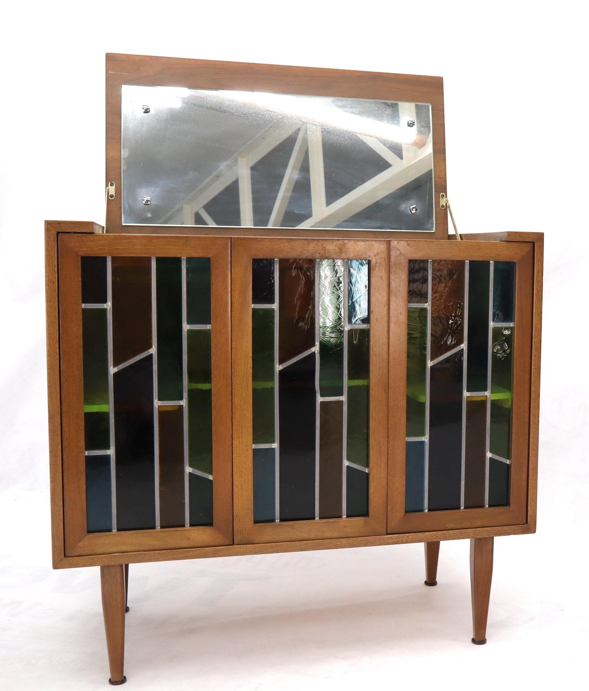EstablishedLines Pair of Two Non Matching Pair Walnut Liquor and Storage Cabinets Stained Glass