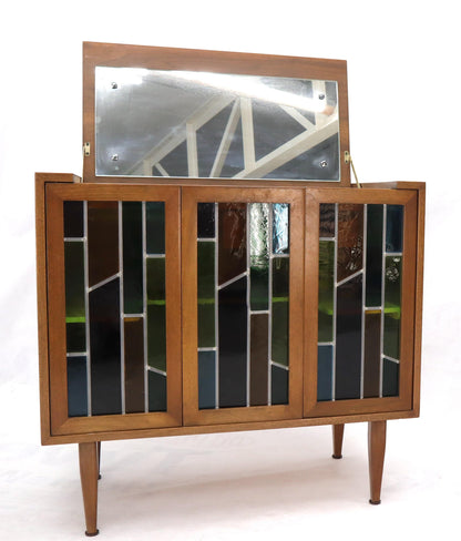 EstablishedLines Pair of Two Non Matching Pair Walnut Liquor and Storage Cabinets Stained Glass