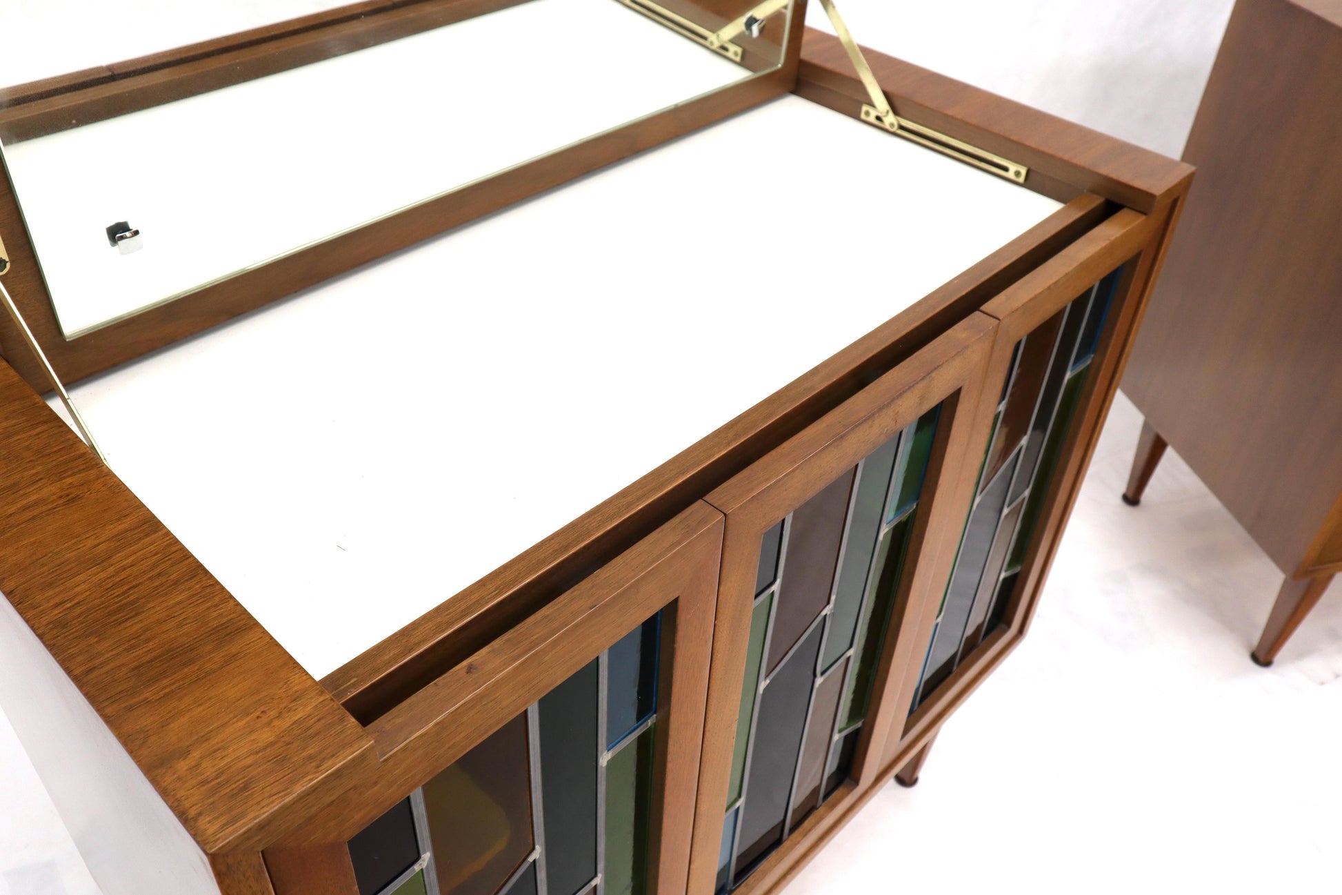EstablishedLines Pair of Two Non Matching Pair Walnut Liquor and Storage Cabinets Stained Glass