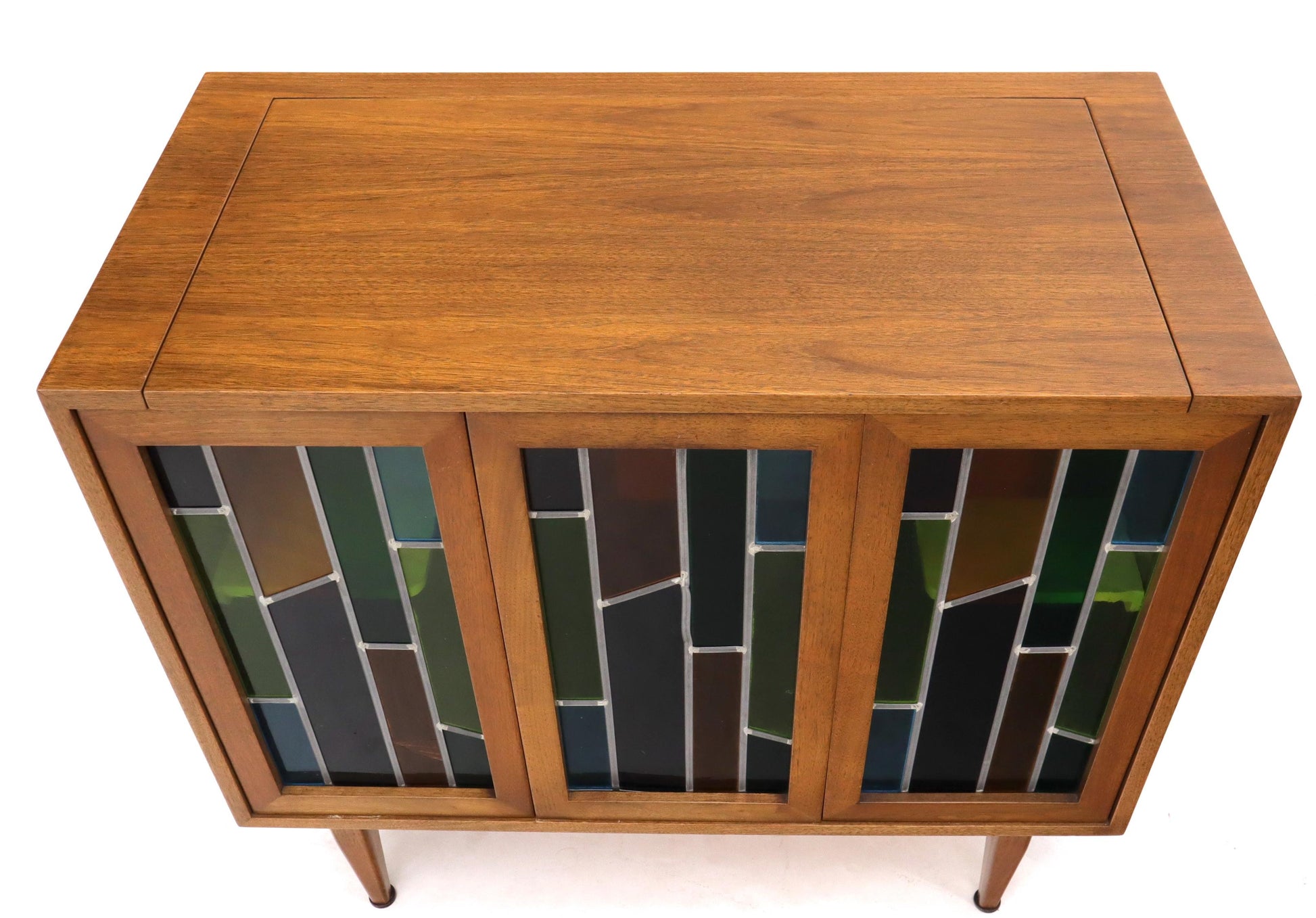 EstablishedLines Pair of Two Non Matching Pair Walnut Liquor and Storage Cabinets Stained Glass