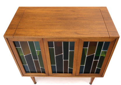 EstablishedLines Pair of Two Non Matching Pair Walnut Liquor and Storage Cabinets Stained Glass