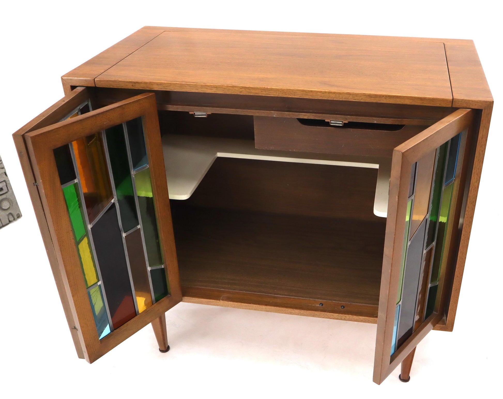 EstablishedLines Pair of Two Non Matching Pair Walnut Liquor and Storage Cabinets Stained Glass