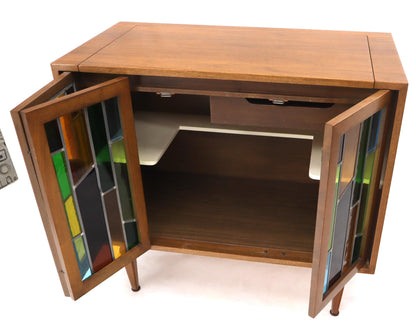 EstablishedLines Pair of Two Non Matching Pair Walnut Liquor and Storage Cabinets Stained Glass