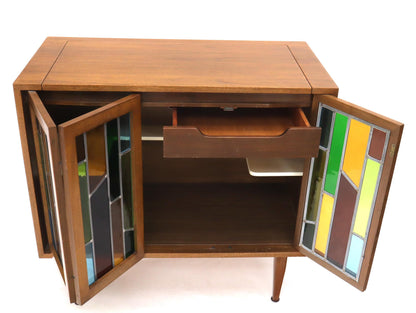 EstablishedLines Pair of Two Non Matching Pair Walnut Liquor and Storage Cabinets Stained Glass