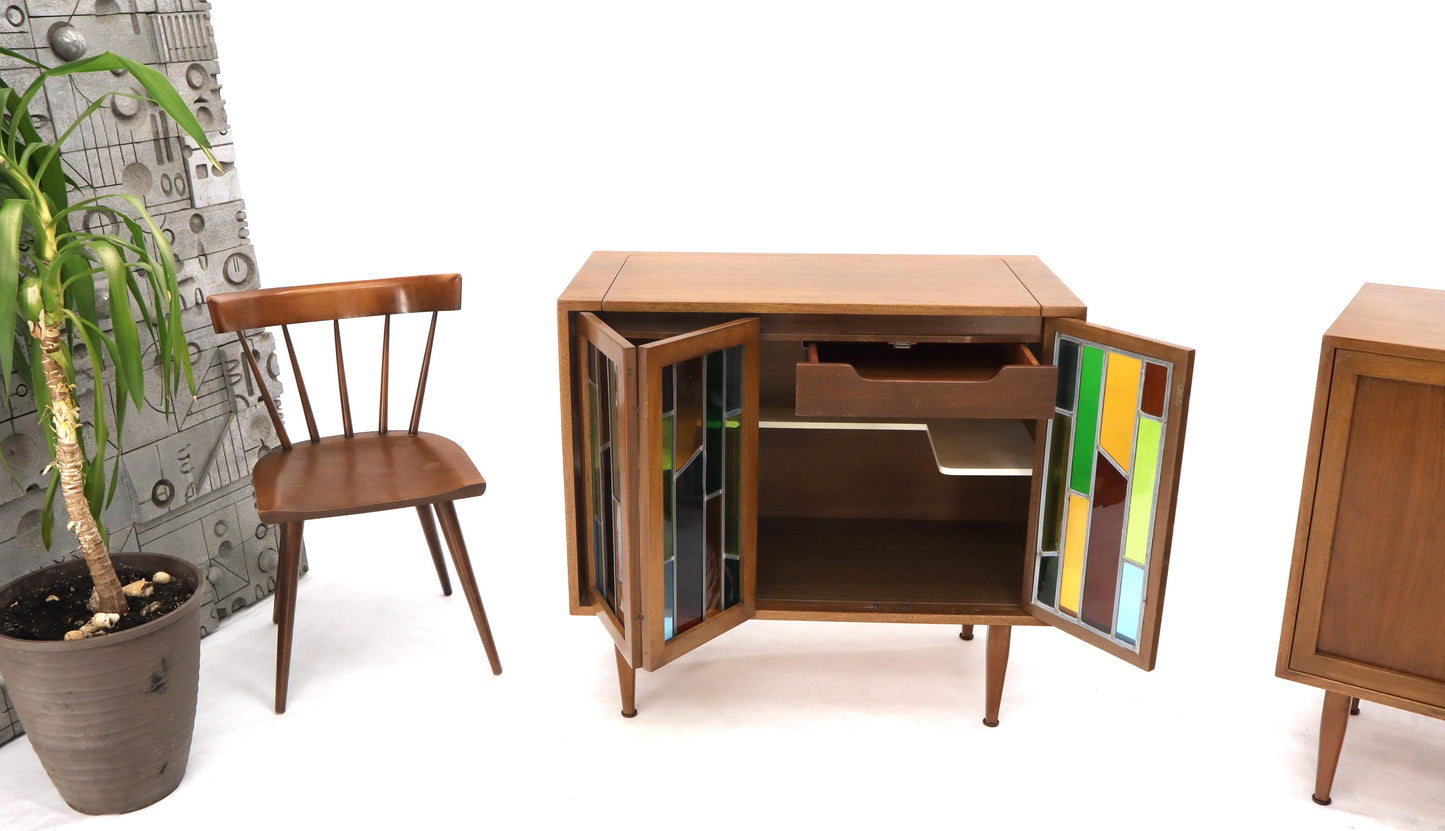 EstablishedLines Pair of Two Non Matching Pair Walnut Liquor and Storage Cabinets Stained Glass