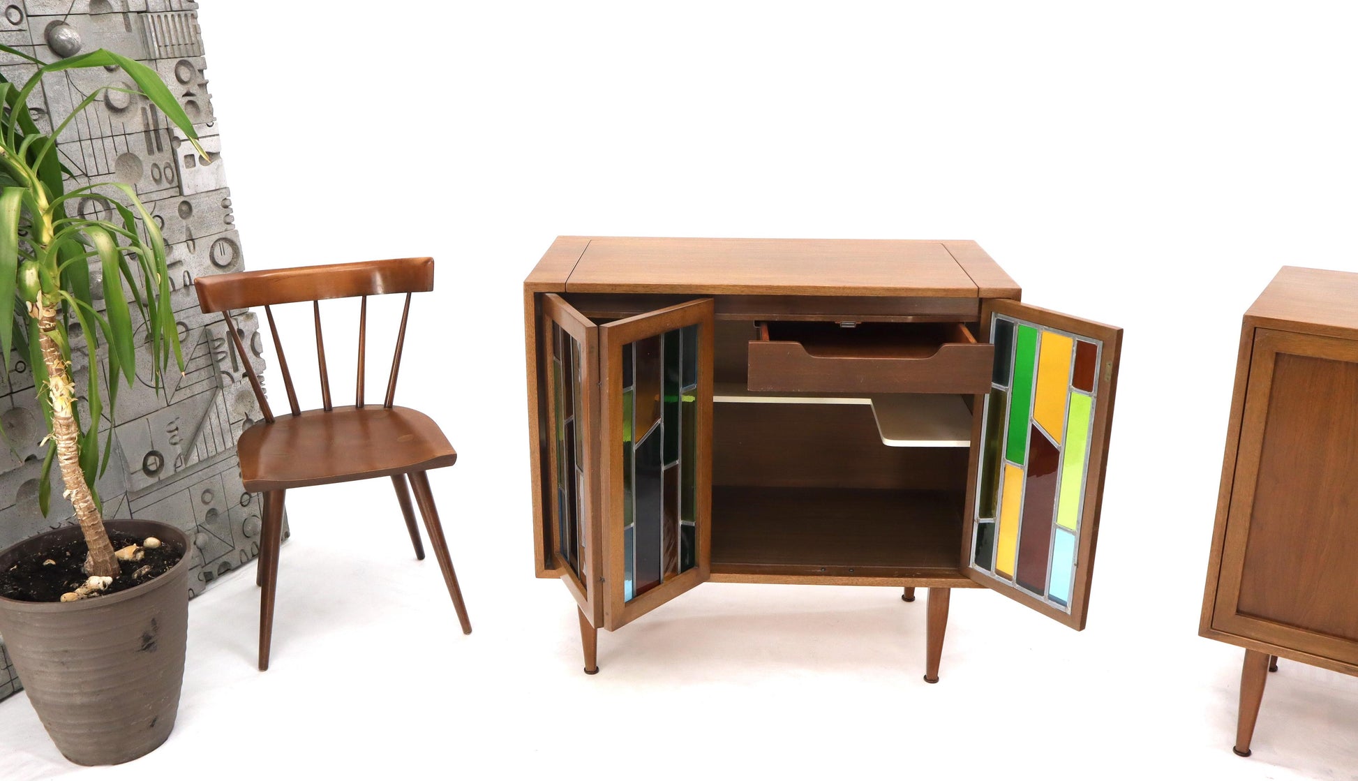 EstablishedLines Pair of Two Non Matching Pair Walnut Liquor and Storage Cabinets Stained Glass