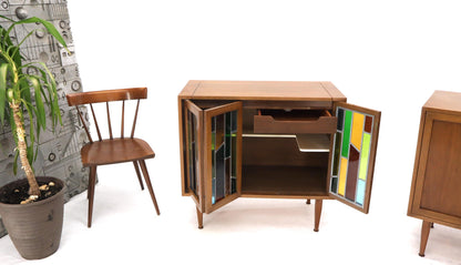 EstablishedLines Pair of Two Non Matching Pair Walnut Liquor and Storage Cabinets Stained Glass