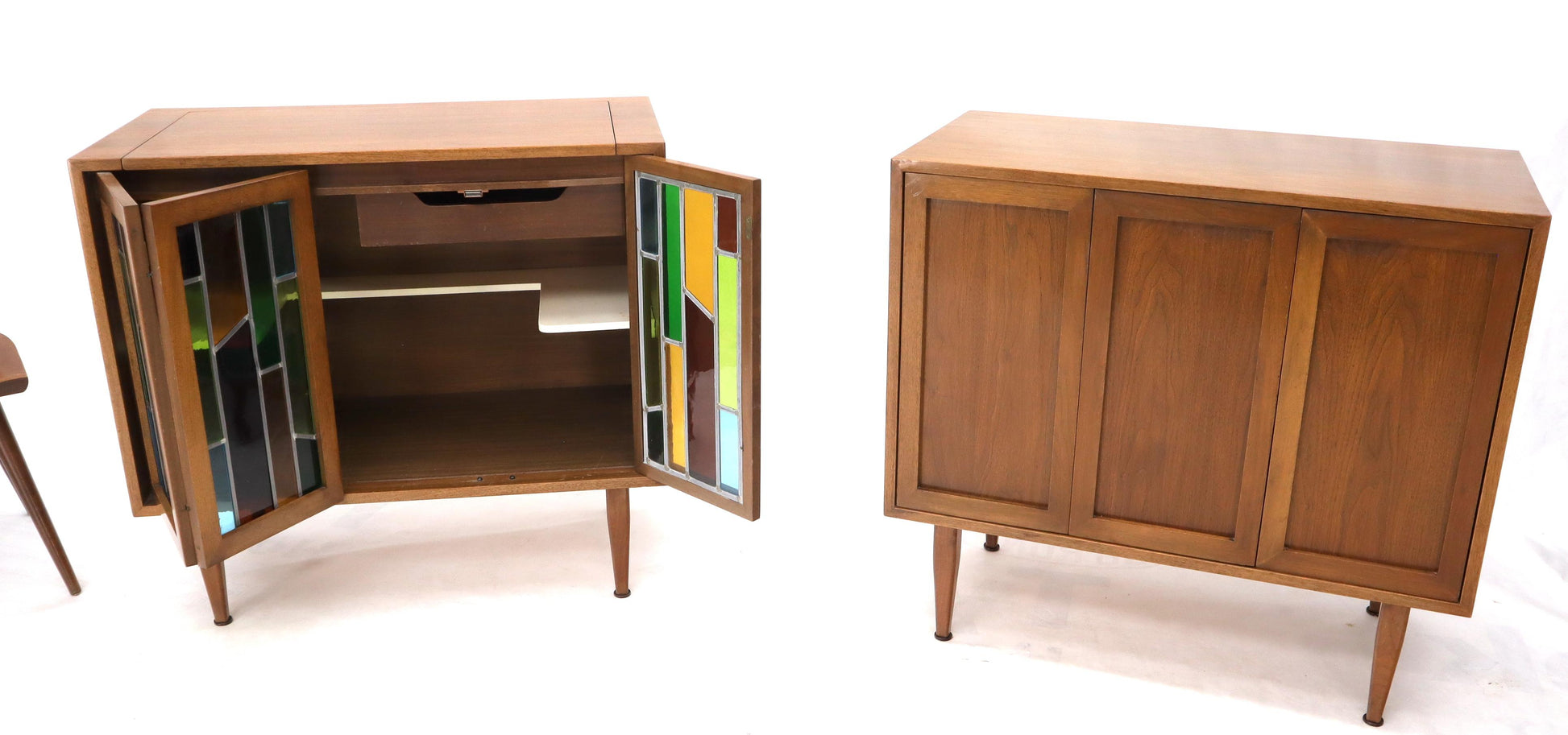 EstablishedLines Pair of Two Non Matching Pair Walnut Liquor and Storage Cabinets Stained Glass