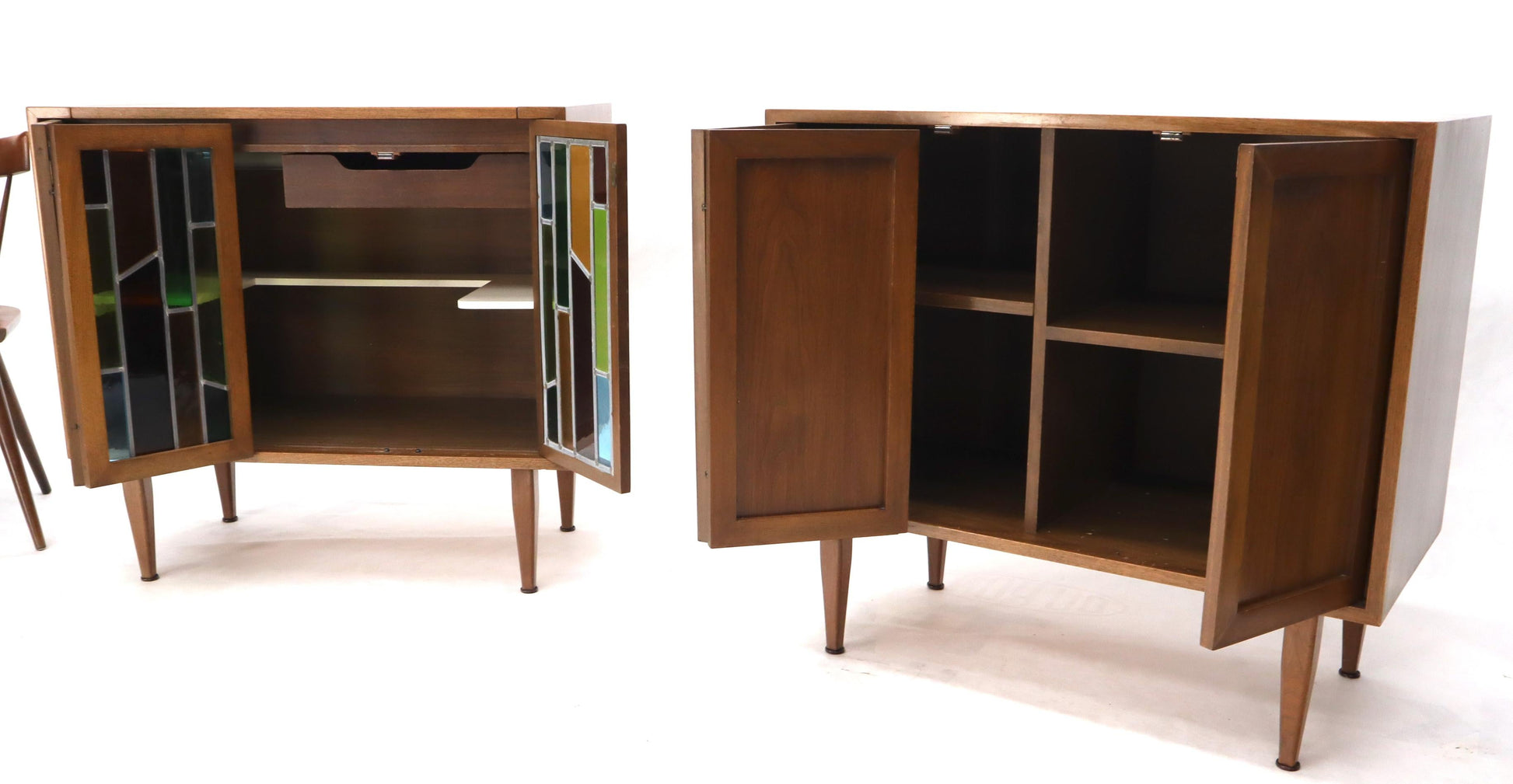 EstablishedLines Pair of Two Non Matching Pair Walnut Liquor and Storage Cabinets Stained Glass