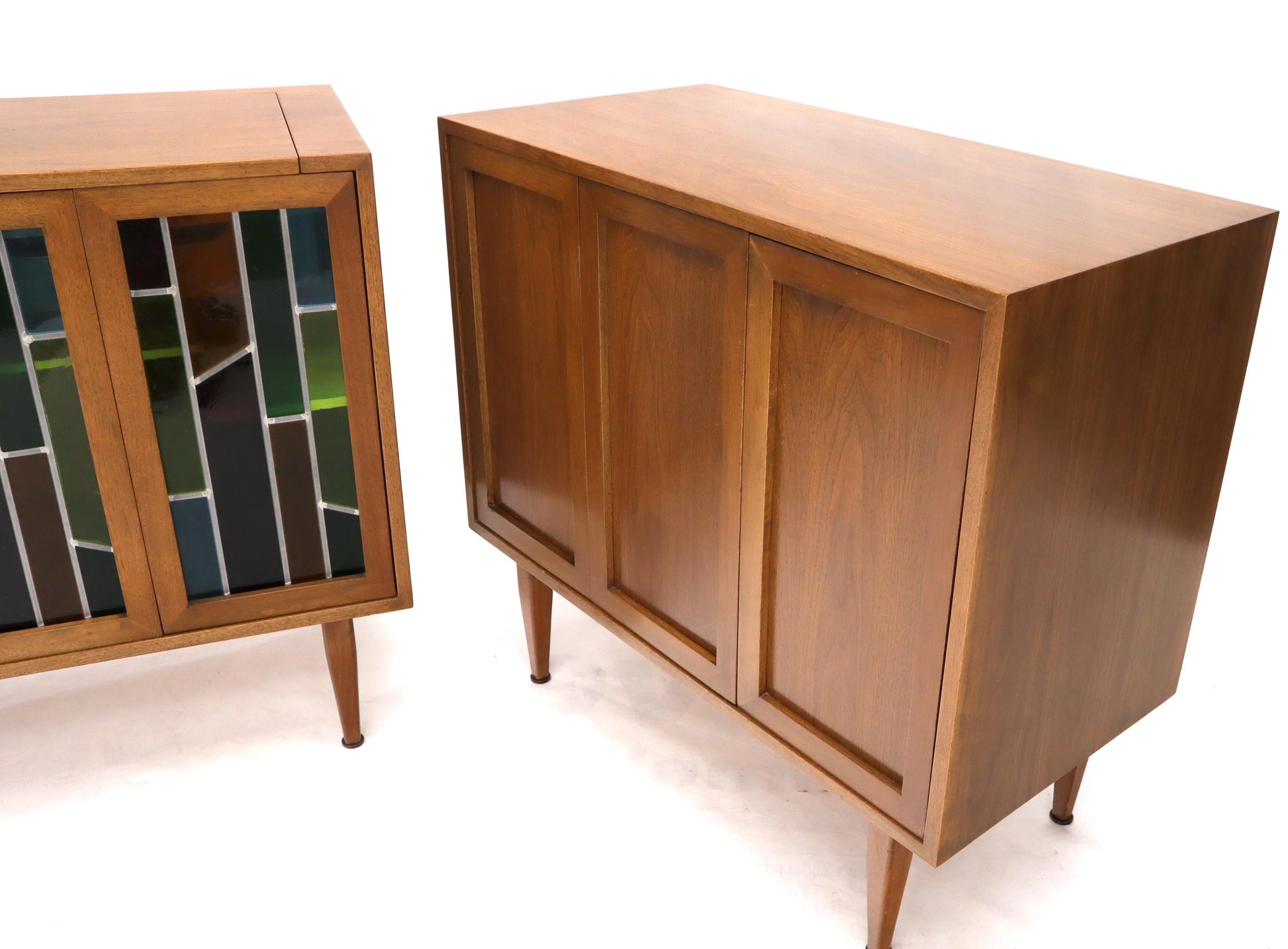 EstablishedLines Pair of Two Non Matching Pair Walnut Liquor and Storage Cabinets Stained Glass