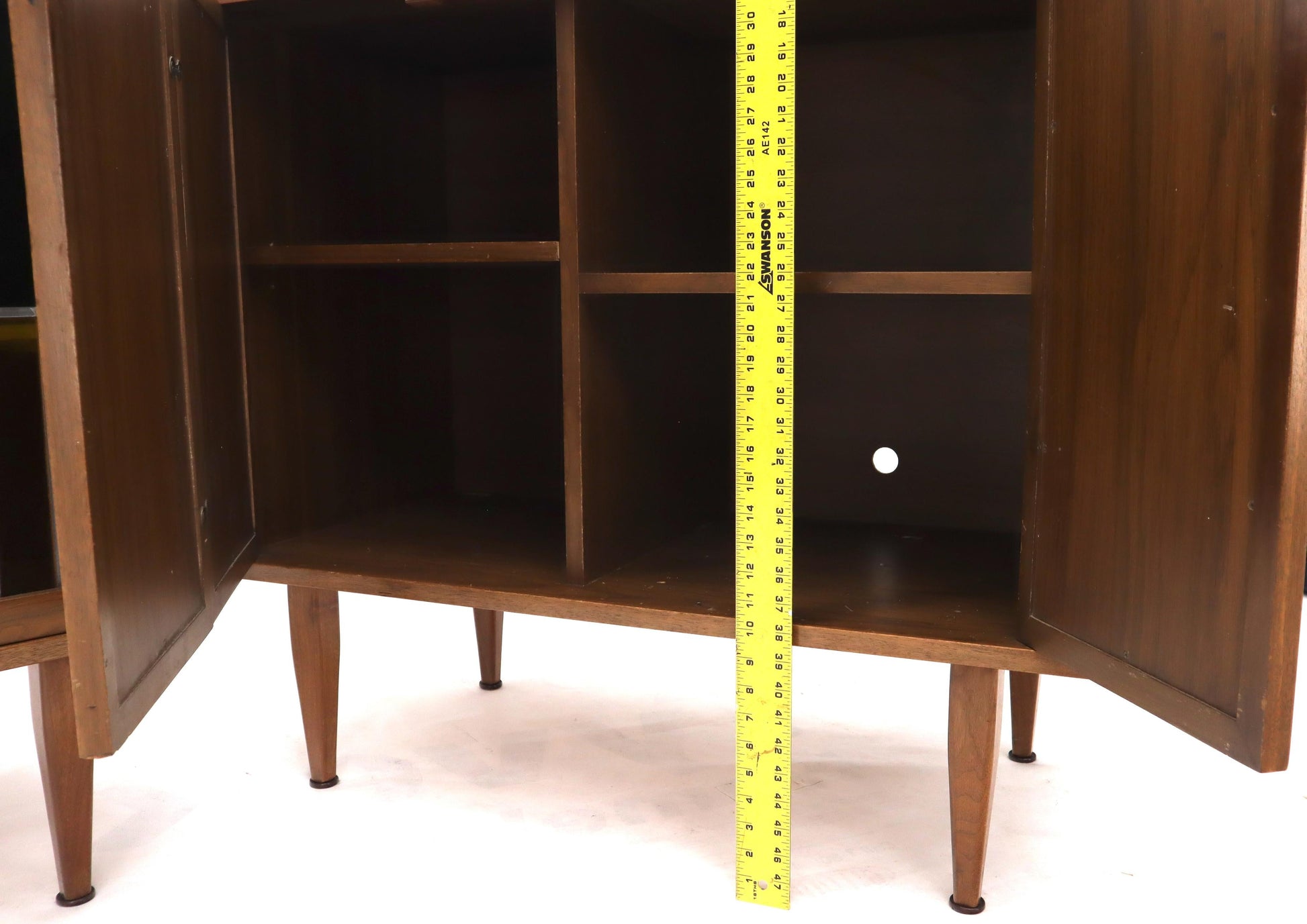EstablishedLines Pair of Two Non Matching Pair Walnut Liquor and Storage Cabinets Stained Glass