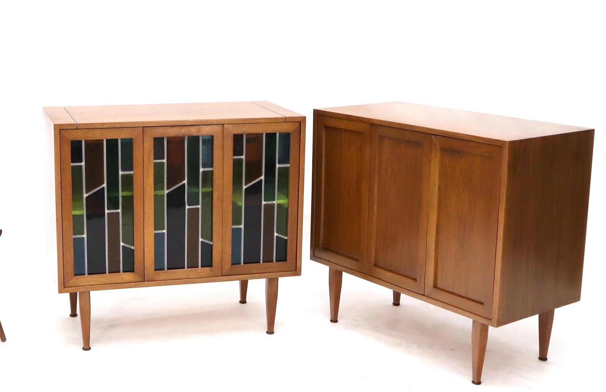 EstablishedLines Pair of Two Non Matching Pair Walnut Liquor and Storage Cabinets Stained Glass