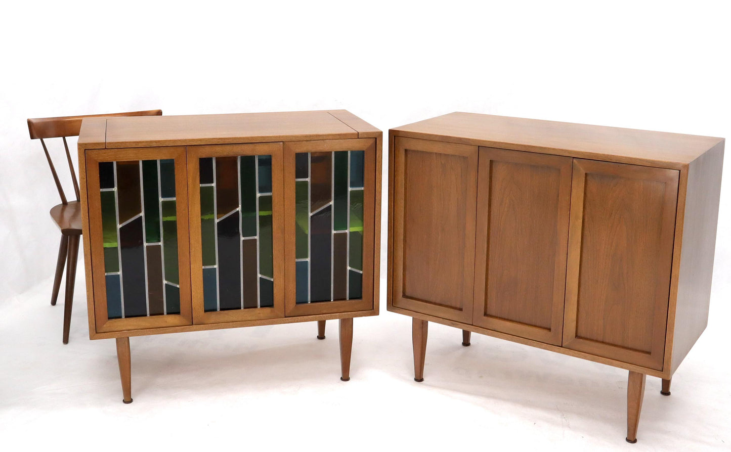 EstablishedLines Pair of Two Non Matching Pair Walnut Liquor and Storage Cabinets Stained Glass