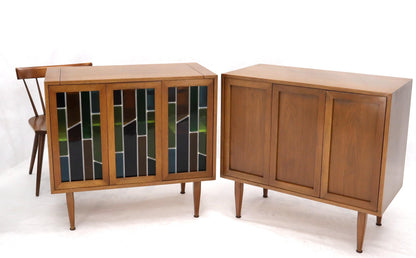 EstablishedLines Pair of Two Non Matching Pair Walnut Liquor and Storage Cabinets Stained Glass
