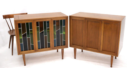 EstablishedLines Pair of Two Non Matching Pair Walnut Liquor and Storage Cabinets Stained Glass
