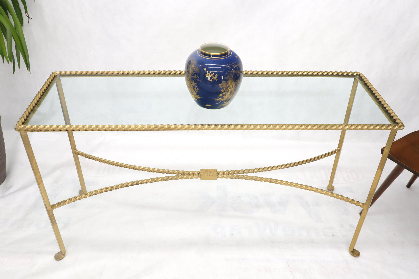EstablishedLines Twisted Rope Forged Gold Finish Glass Top Console Table