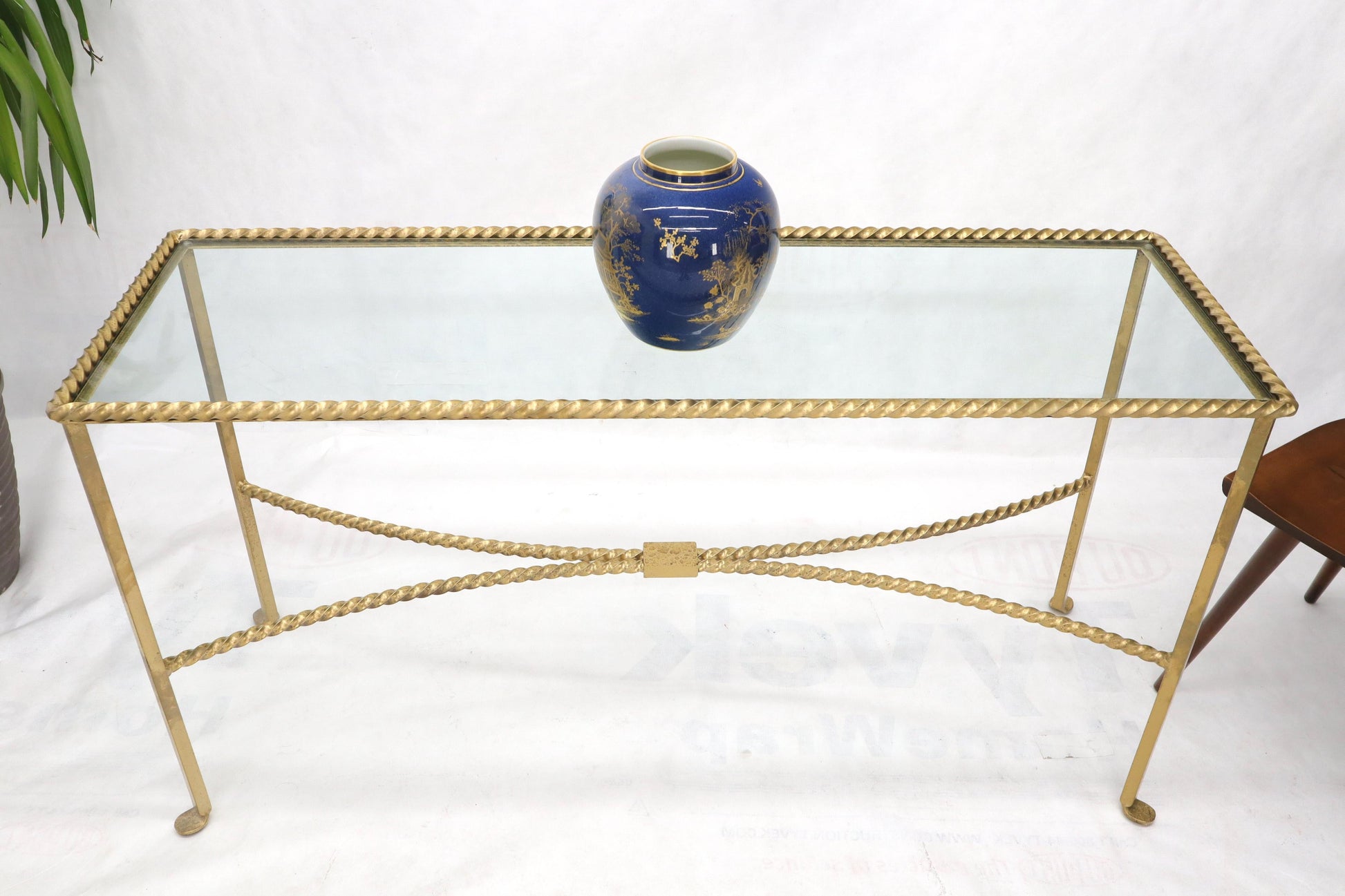 EstablishedLines Twisted Rope Forged Gold Finish Glass Top Console Table