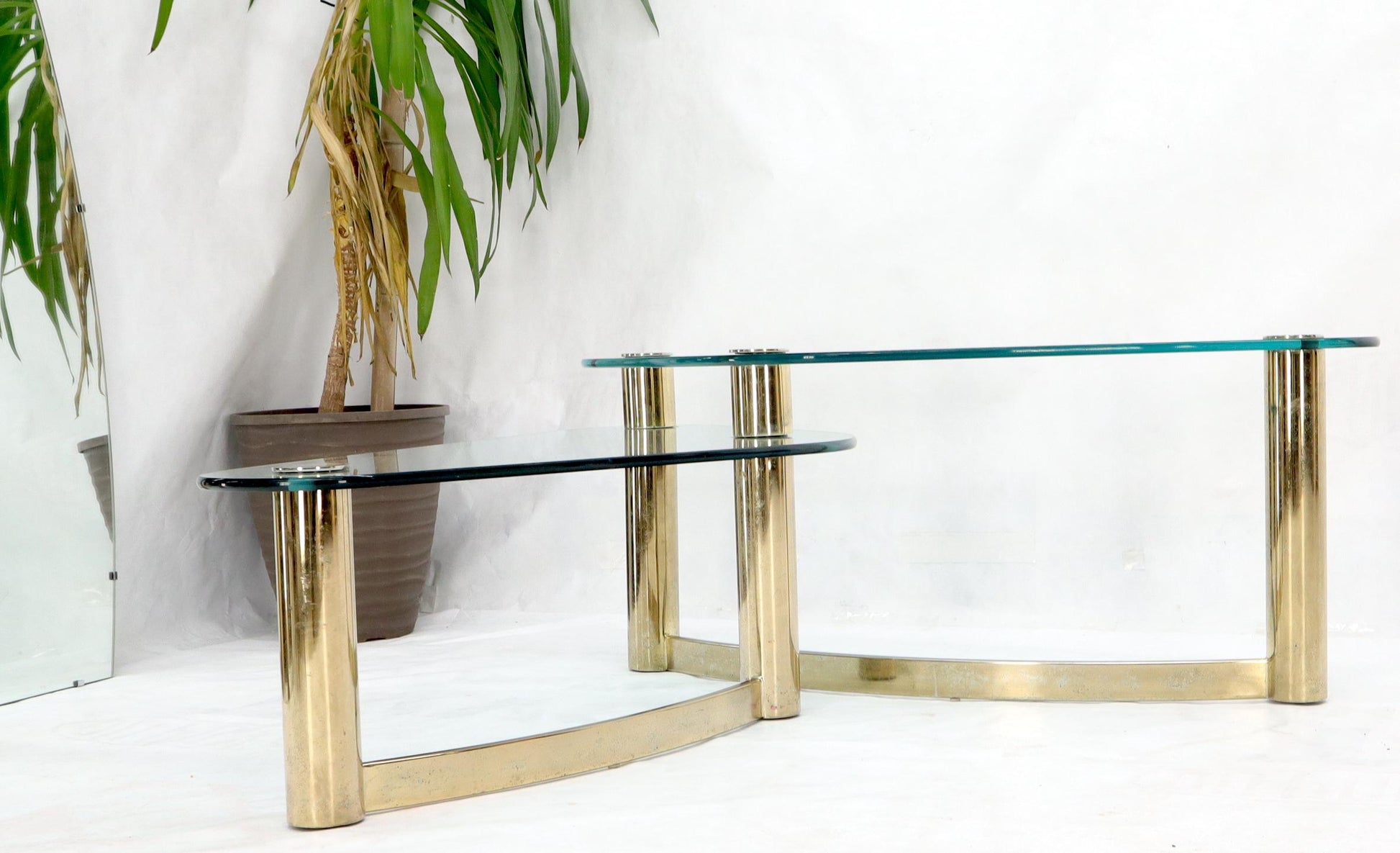 EstablishedLines Two-Tier "L" Shape Glass and Brass Organic Kidney Shape Coffee Table
