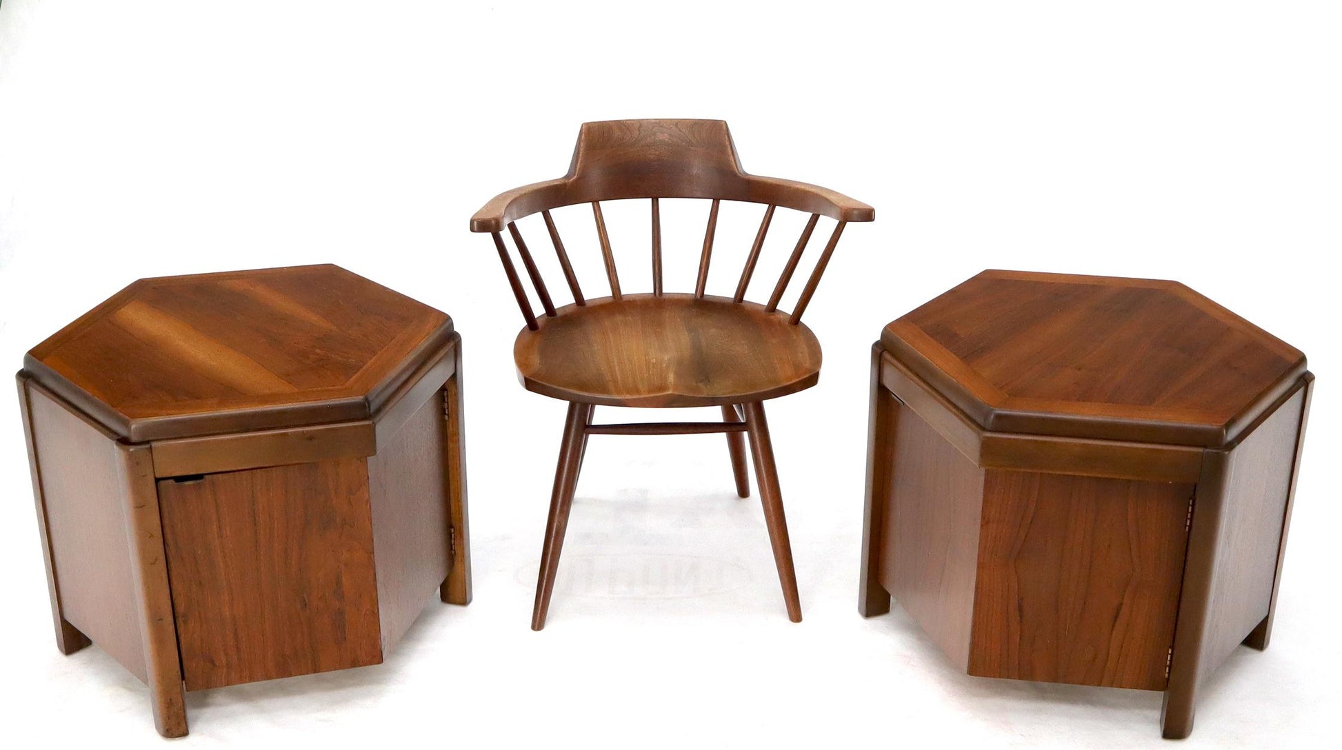 EstablishedLines Pair of Hexagon Walnut End Side Tables w/ One Door Cabinets Storage Compartment