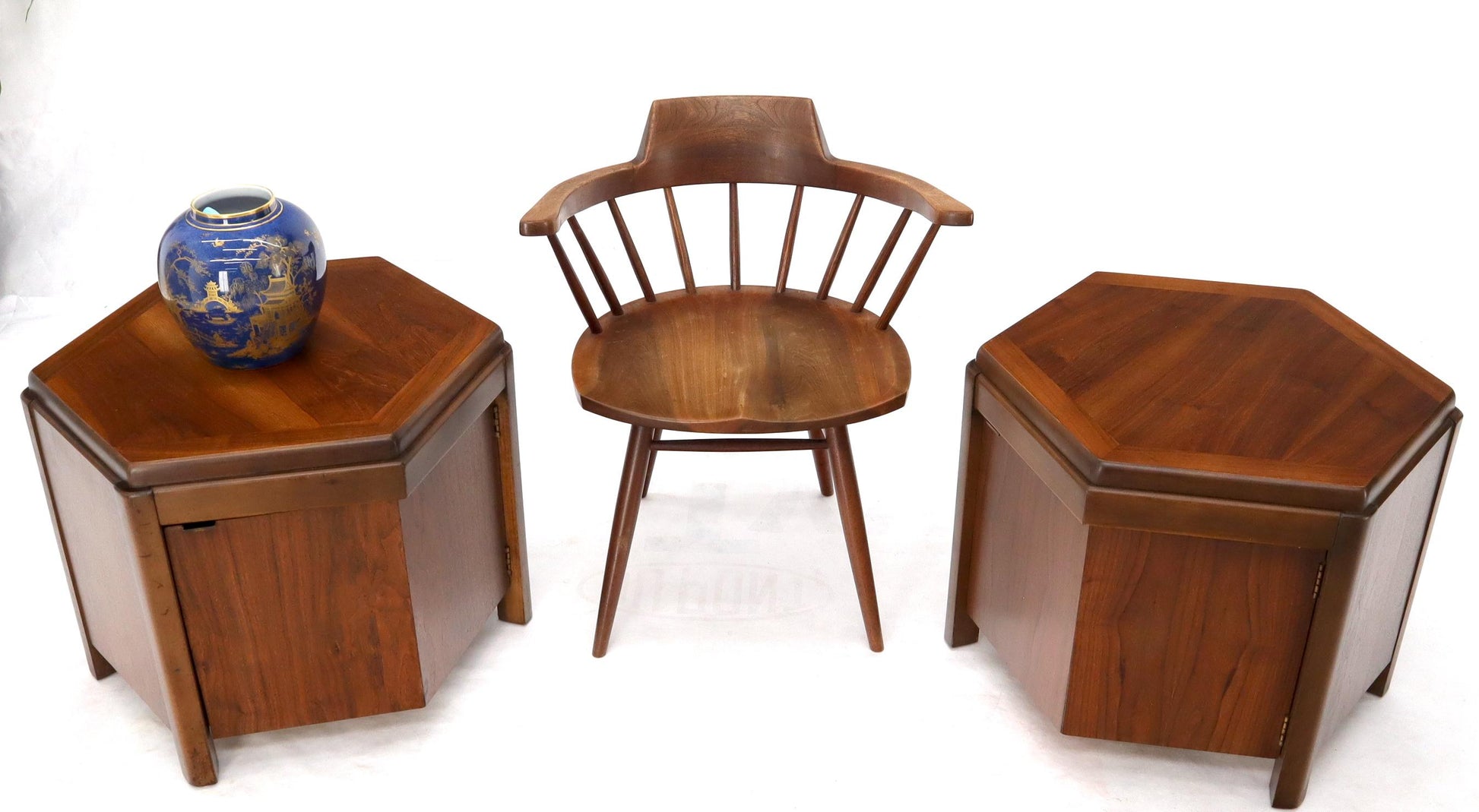 EstablishedLines Pair of Hexagon Walnut End Side Tables w/ One Door Cabinets Storage Compartment