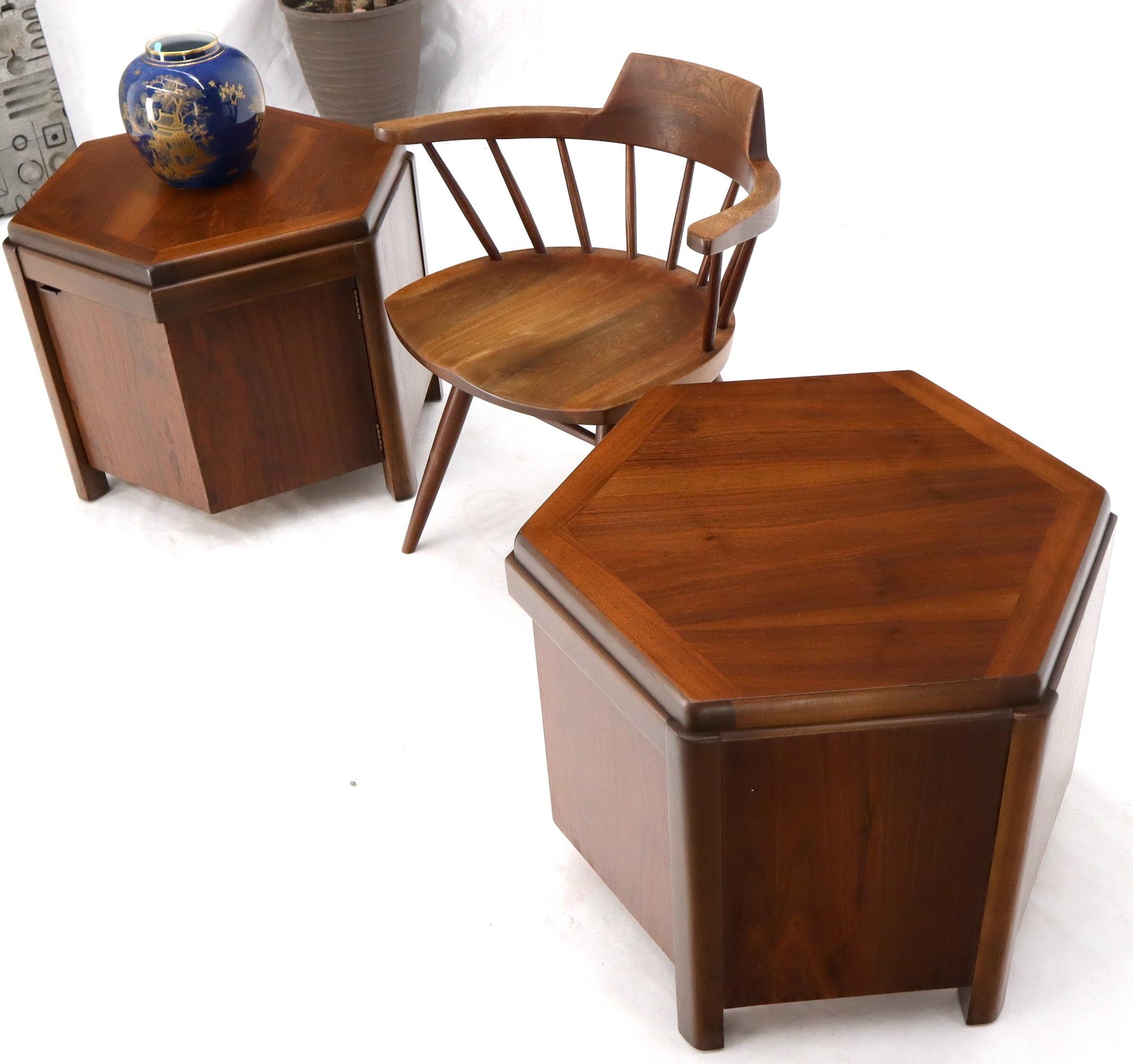 EstablishedLines Pair of Hexagon Walnut End Side Tables w/ One Door Cabinets Storage Compartment