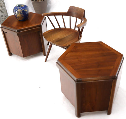 EstablishedLines Pair of Hexagon Walnut End Side Tables w/ One Door Cabinets Storage Compartment
