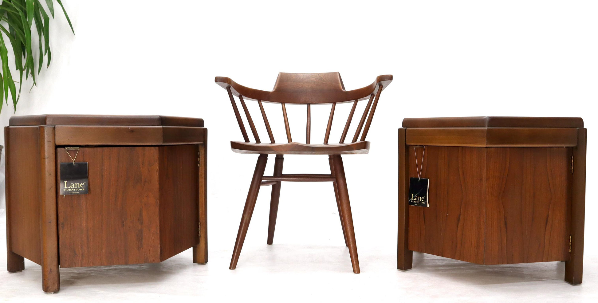 EstablishedLines Pair of Hexagon Walnut End Side Tables w/ One Door Cabinets Storage Compartment