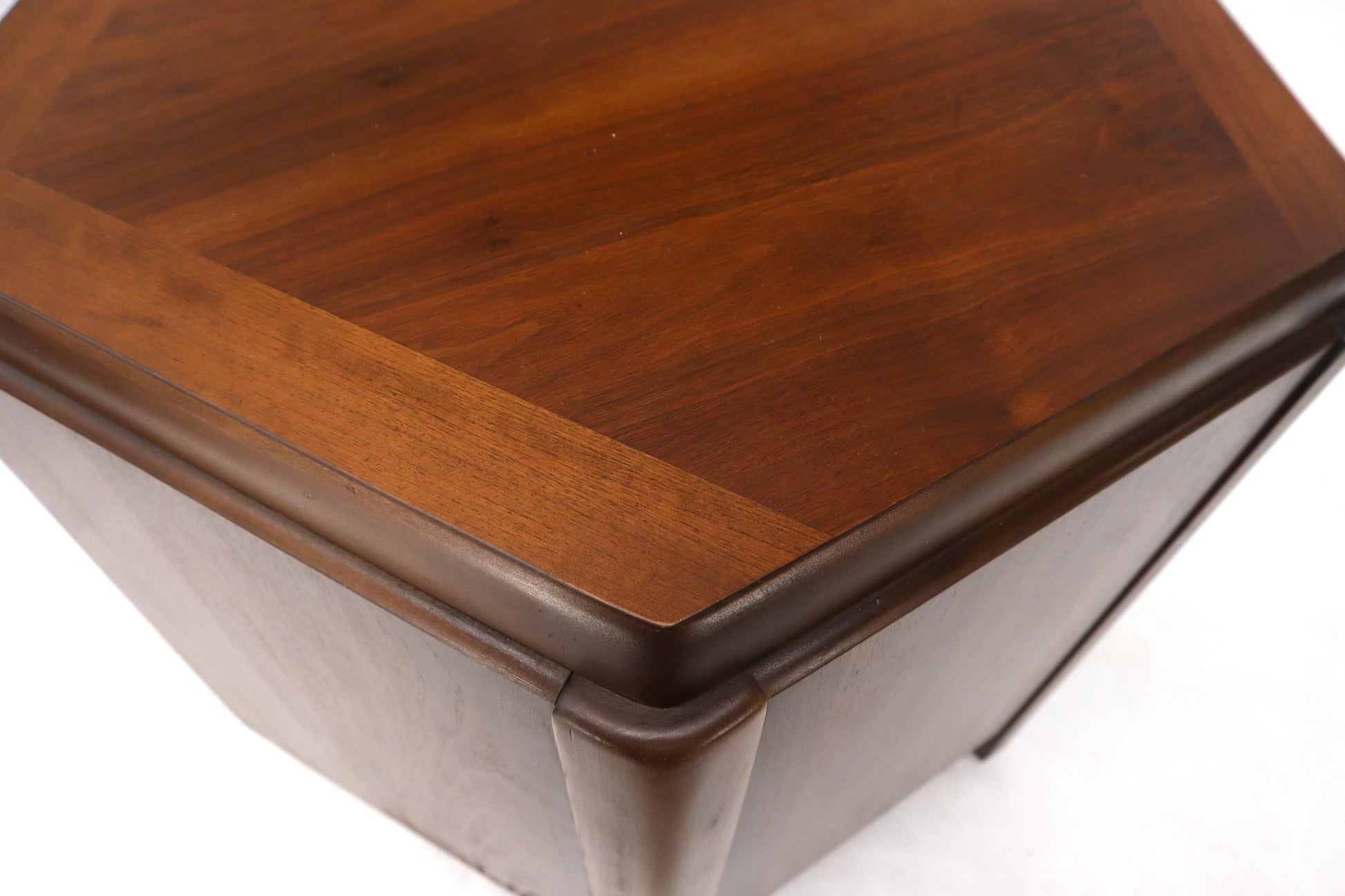 EstablishedLines Pair of Hexagon Walnut End Side Tables w/ One Door Cabinets Storage Compartment
