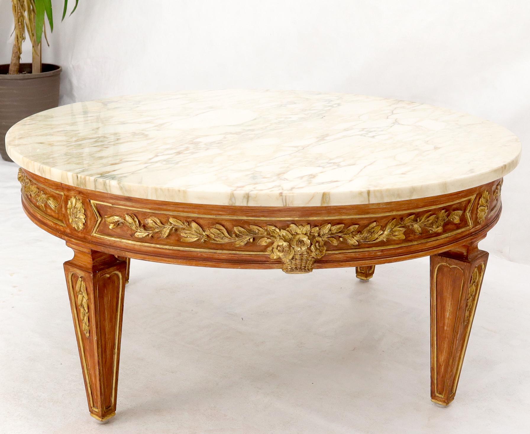 EstablishedLines Round Marble Top Ornate Carved Mahogany Base Coffee Table
