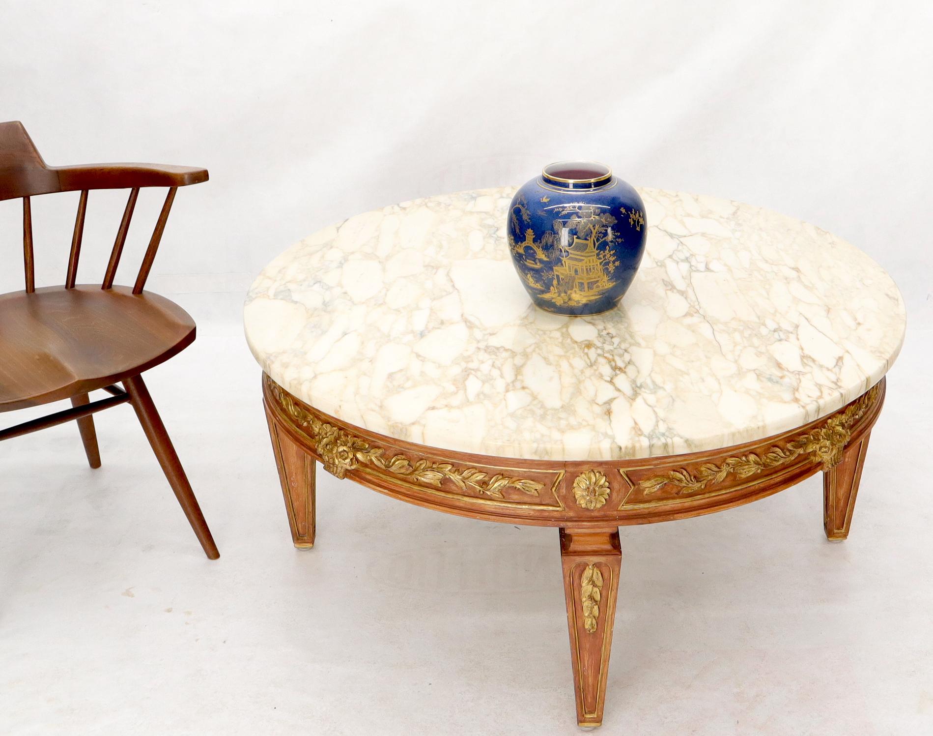 EstablishedLines Round Marble Top Ornate Carved Mahogany Base Coffee Table