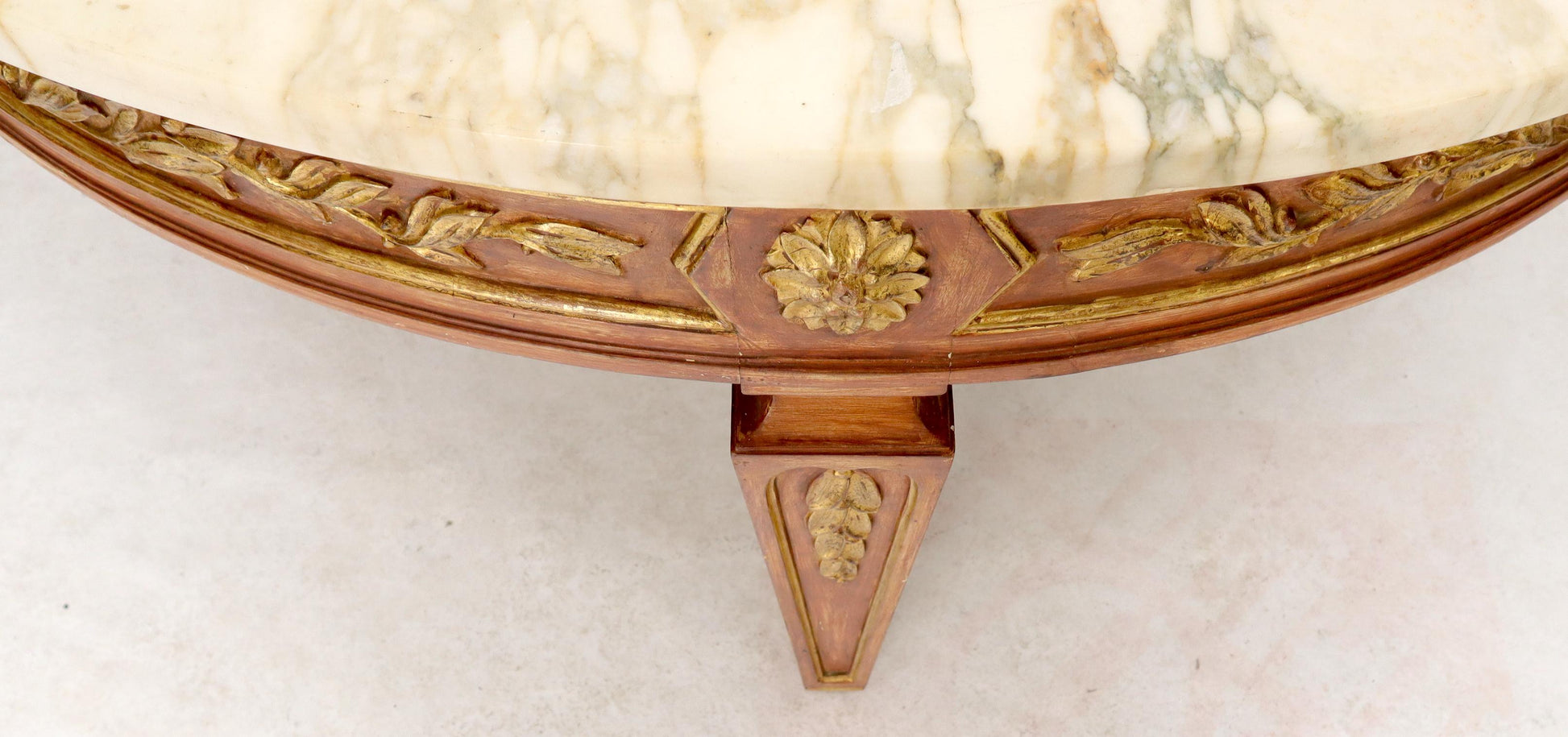 EstablishedLines Round Marble Top Ornate Carved Mahogany Base Coffee Table