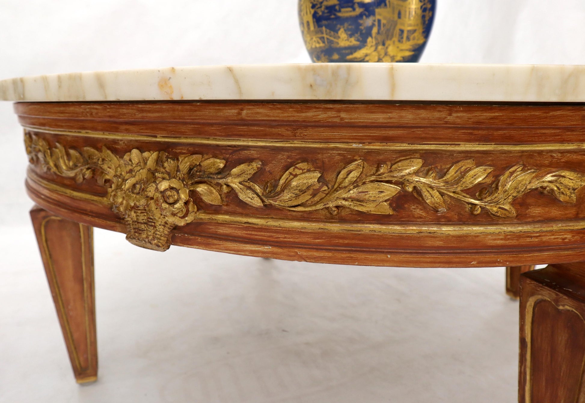 EstablishedLines Round Marble Top Ornate Carved Mahogany Base Coffee Table