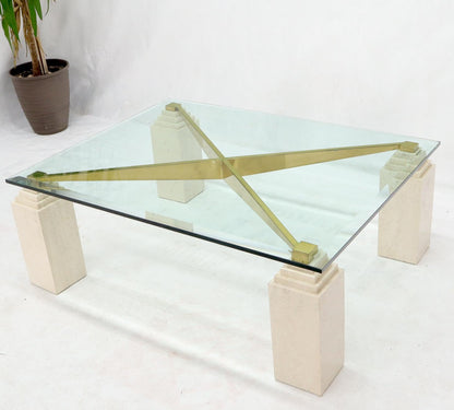 EstablishedLines Square Travertine Legs Brass X Shape Base Glass Top Coffee Table