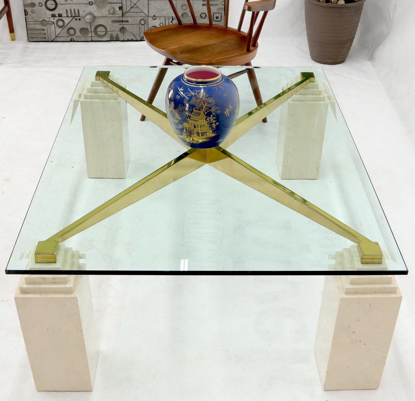 EstablishedLines Square Travertine Legs Brass X Shape Base Glass Top Coffee Table