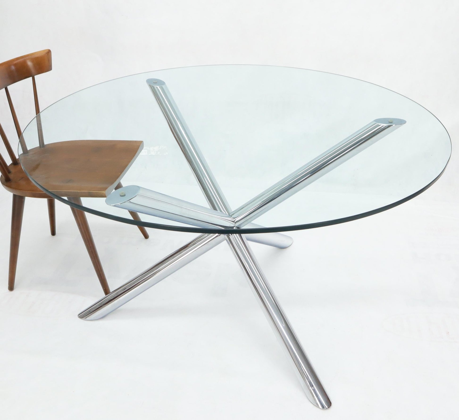 EstablishedLines Jack Shape Large Polished Chrome Round Glass Top Dining Table