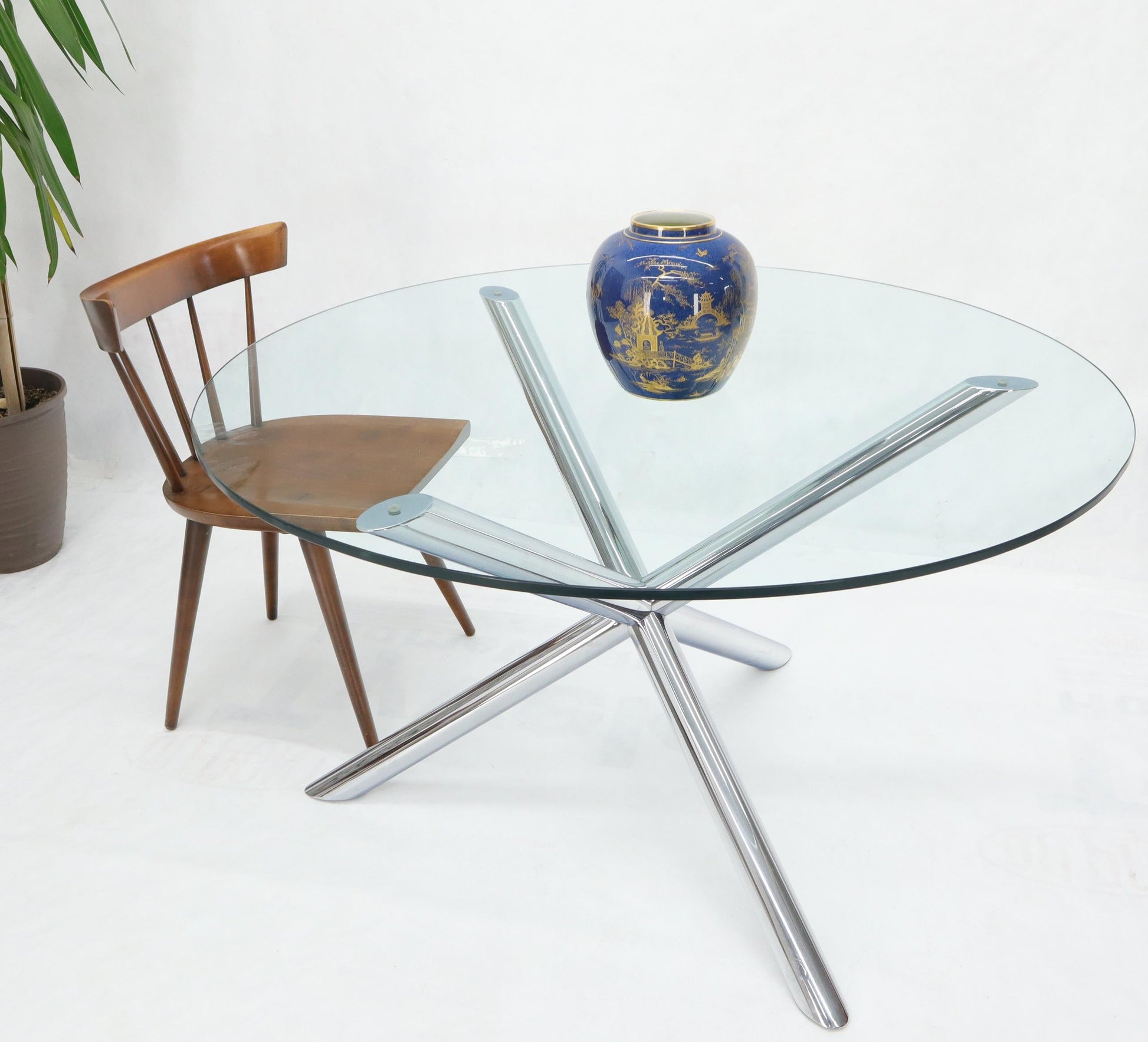 EstablishedLines Jack Shape Large Polished Chrome Round Glass Top Dining Table