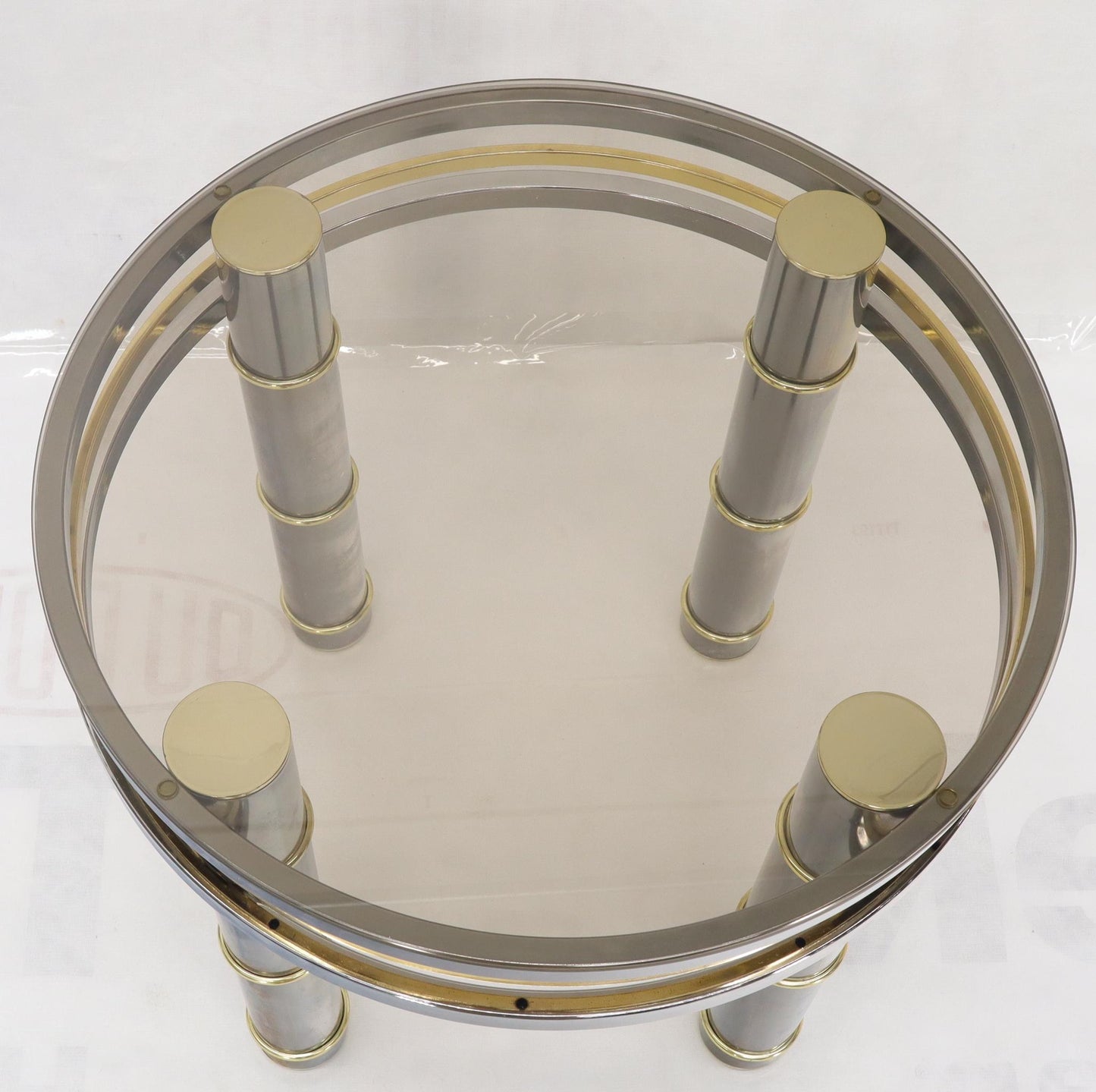 EstablishedLines Chrome Brass Smoked Glass Round Side Table Stand