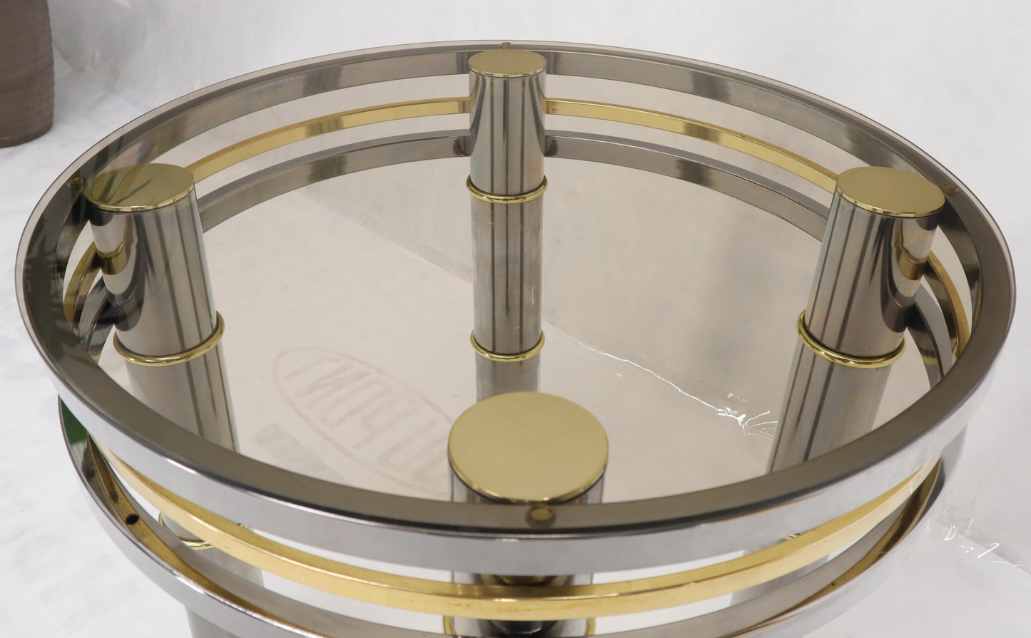 EstablishedLines Chrome Brass Smoked Glass Round Side Table Stand