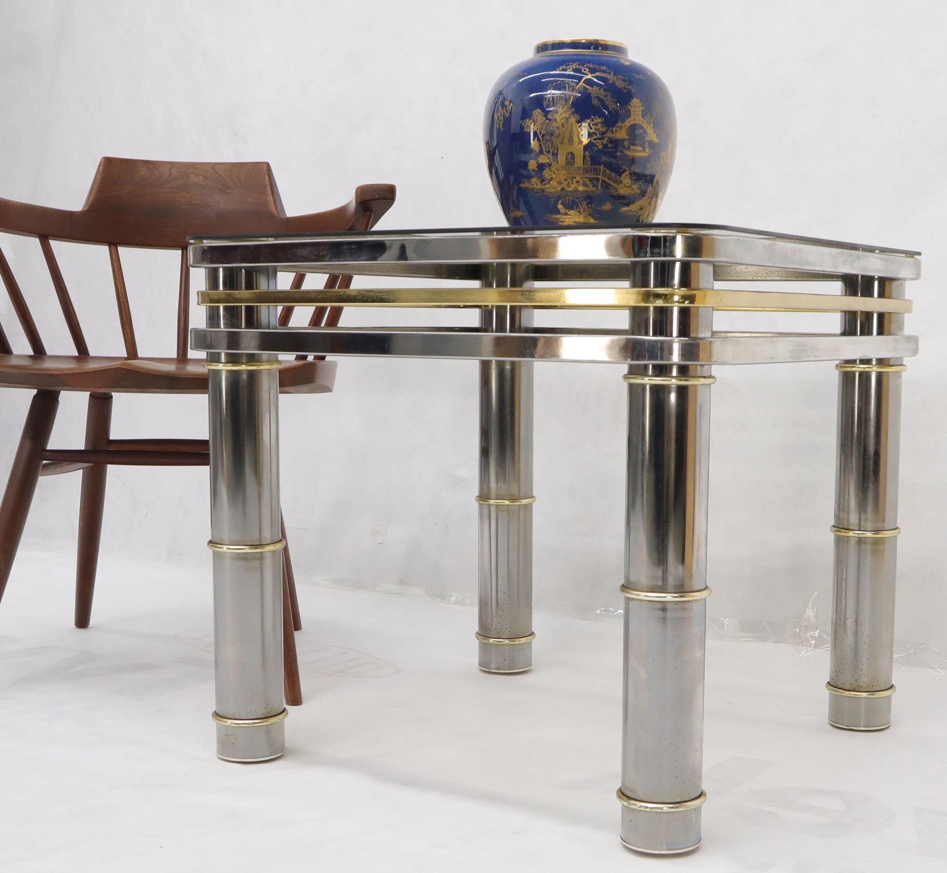 EstablishedLines Chrome Brass Smoked Glass Side End Coffee Table Stand