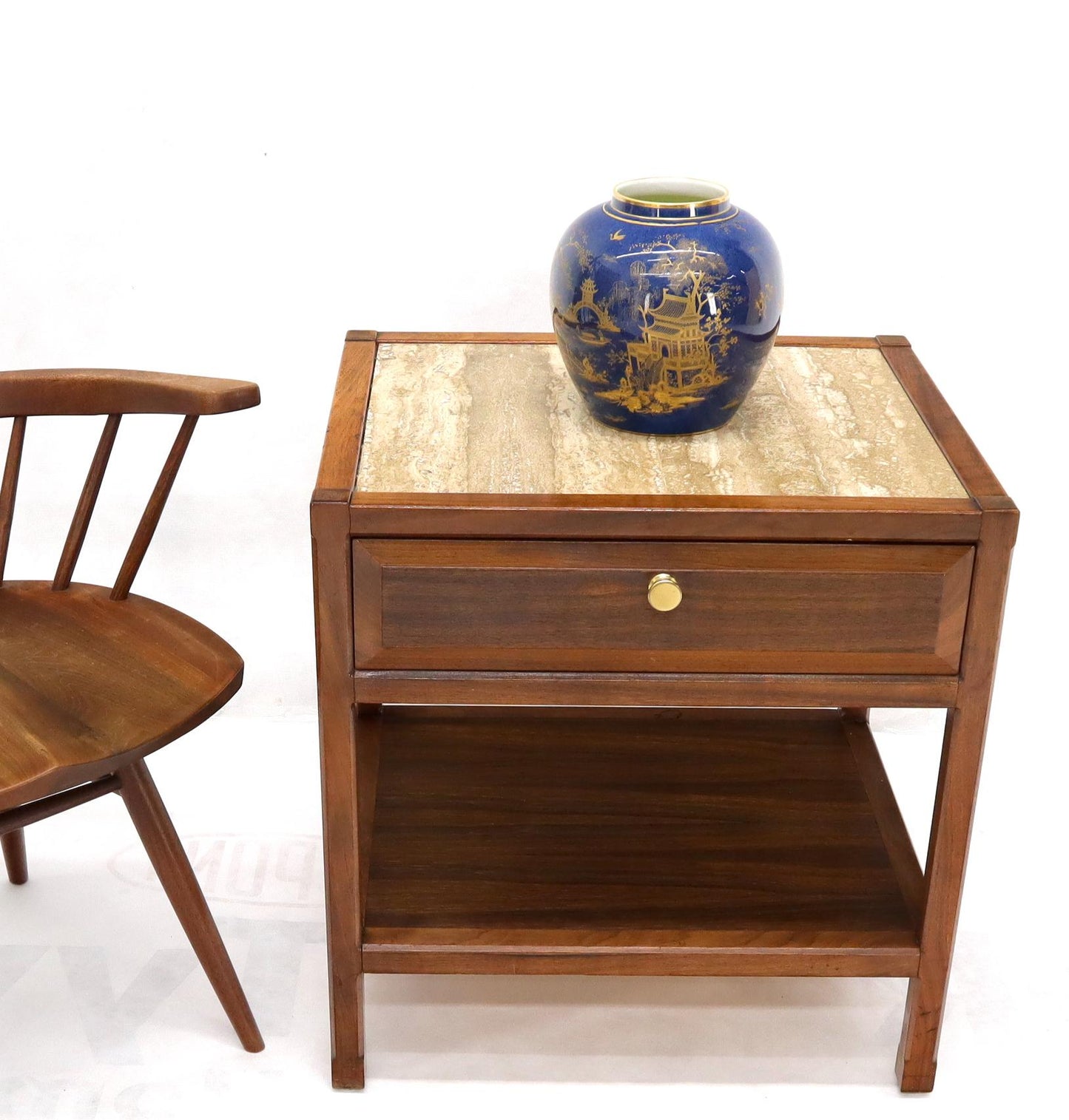 EstablishedLines John Widdicomb Solid Walnut Oak Interior Travertine Top End Table Stand
