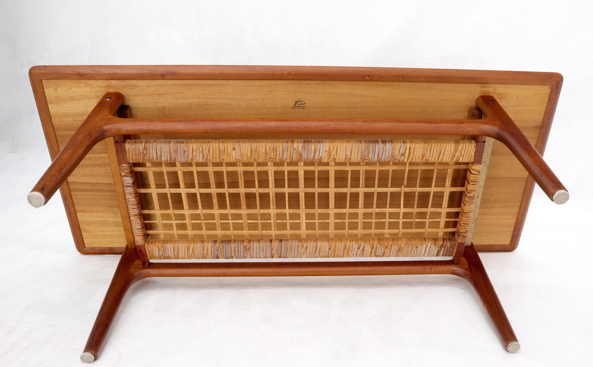EstablishedLines Danish Teak Mid-Century Modern Rectangular Coffee Table with Cane Shelf