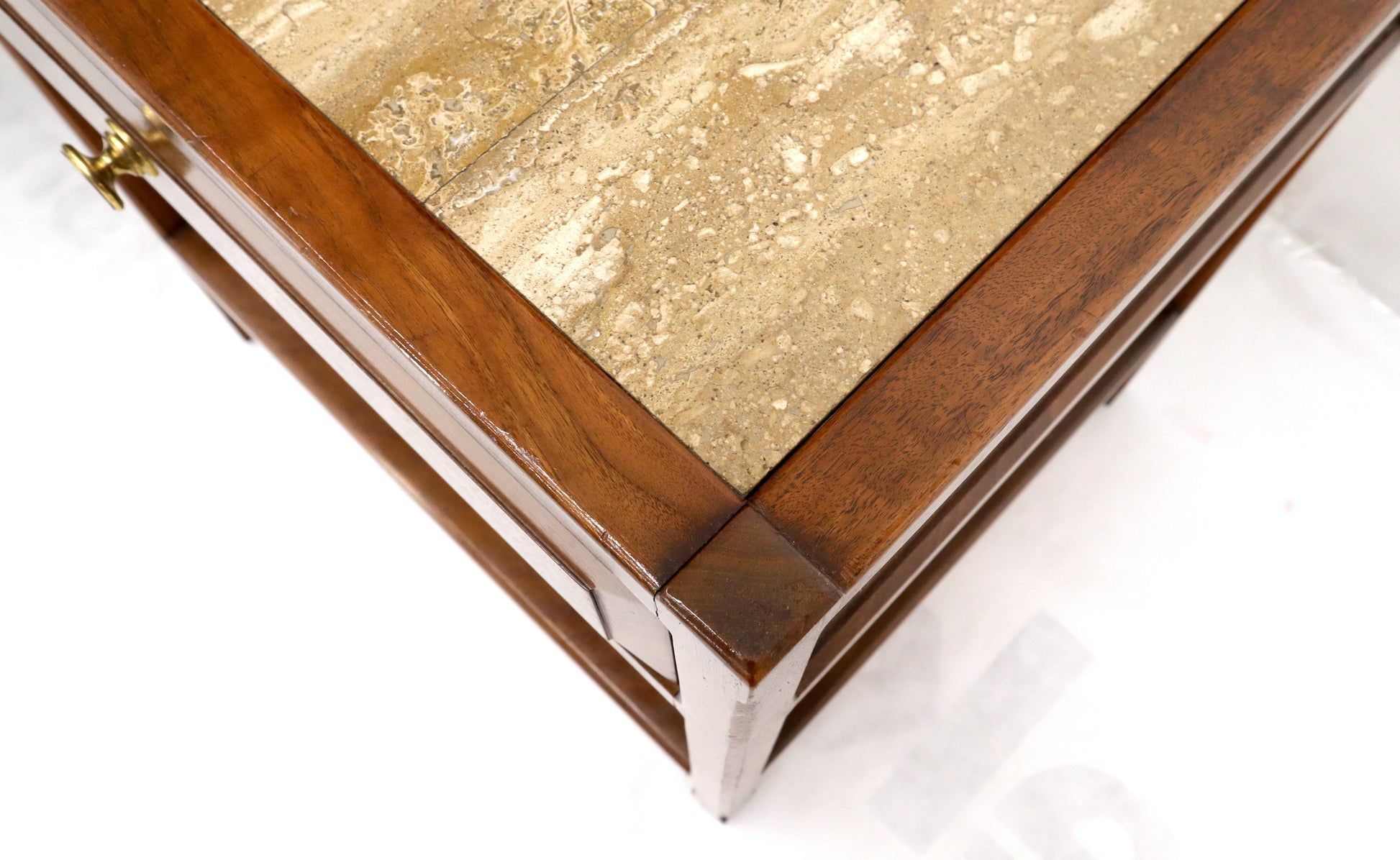 EstablishedLines John Widdicomb Solid Walnut Oak Interior Travertine Top End Table Stand