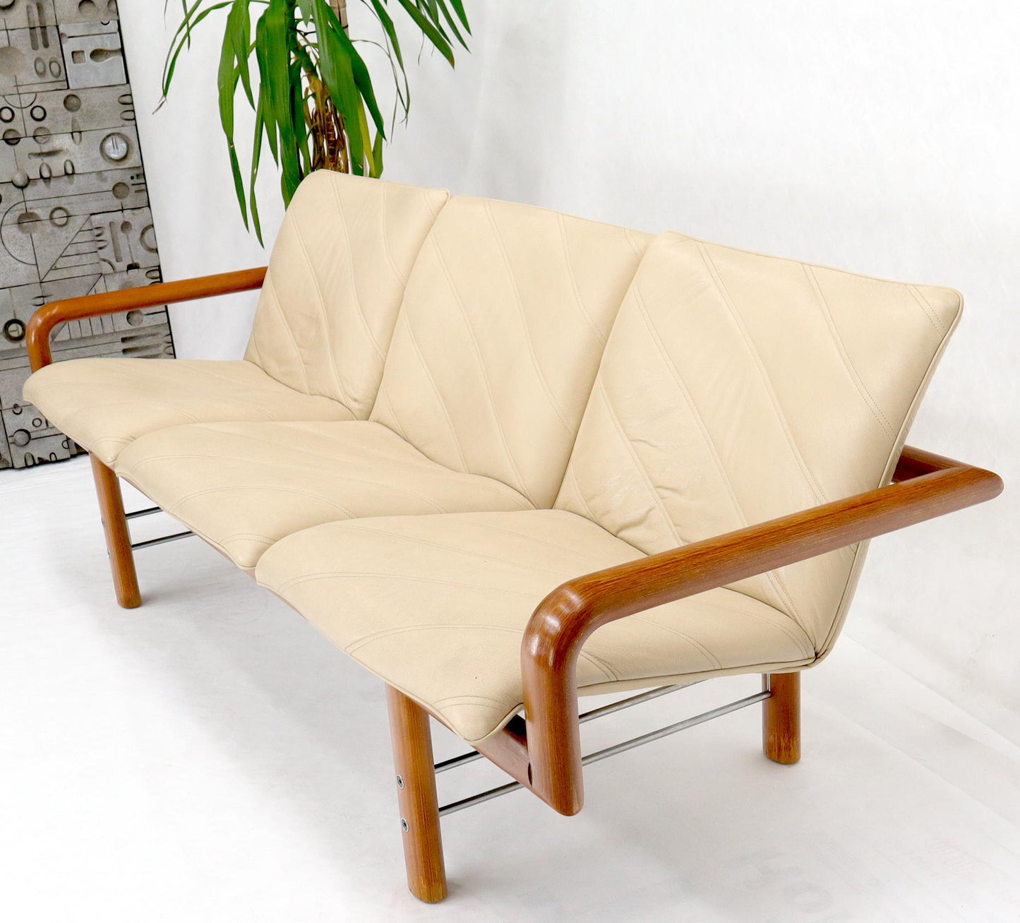 EstablishedLines Leather and Teak Midcentury Danish Modern Floating Sofa