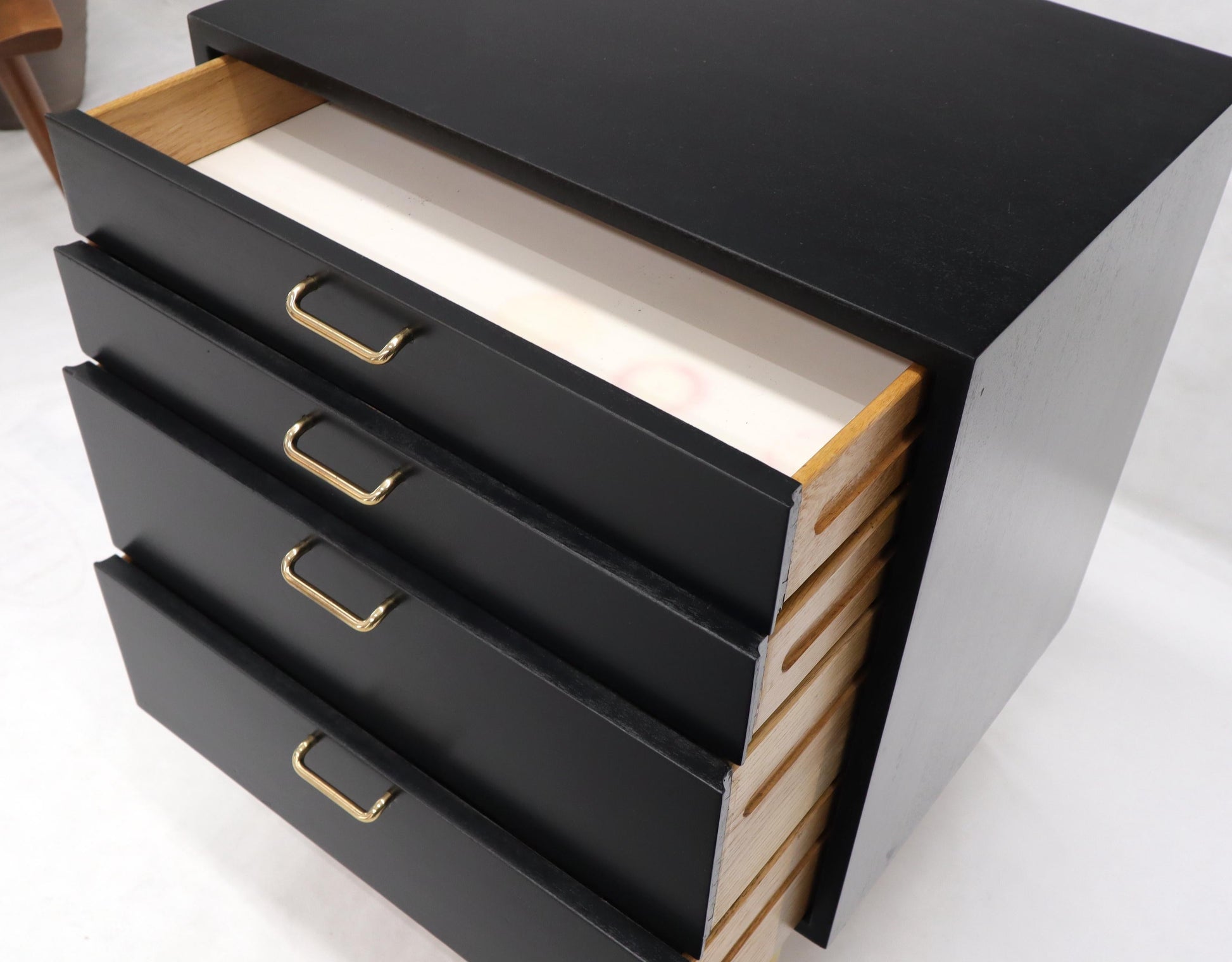 EstablishedLines Harvey Probber Black Lacquer Mahogany Brass Hardware and Legs 4 Drawer Chest